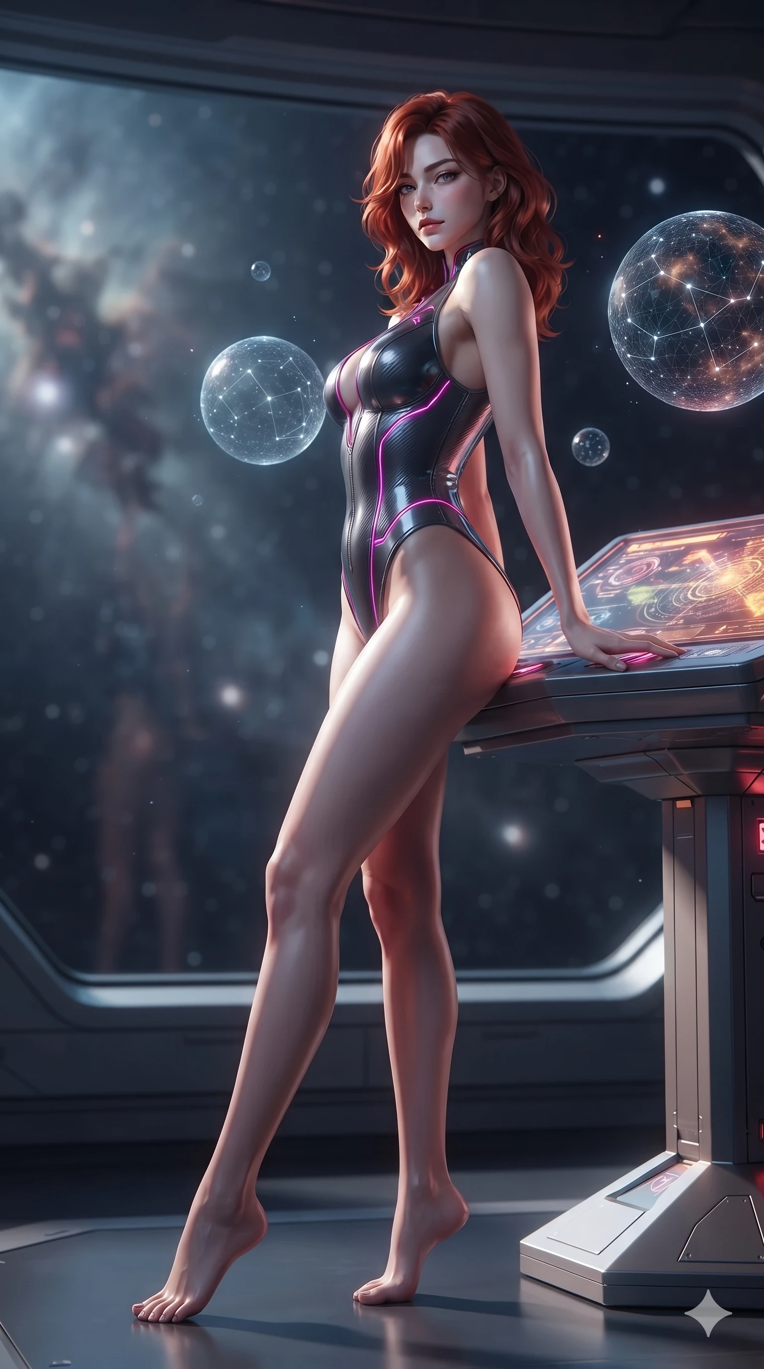 score_9, masterpiece, best quality, ultra-detailed, high-budget anime keyframe, editorial fashion photography, tasteful artistic composition, Korean woman. low angle full-body shot from head to toe showing her feet, filling the entire 9:16 vertical frame with her statuesque presence, stretching her vertical silhouette. posing in a classic haute-couture S-curve stance beside the panoramic viewport, looking over a bare shoulder with magnetic presence while leaning against a holographic stellar cartography pedestal with hips cocked back, gazing through floating constellation spheres with intoxicating bedroom-eyes. The background shows a soft-focus faint nebular gas haze softened in deep void observation dome shallow focus. She has an absolutely perfect, statuesque 8.5-heads proportion, an exceptionally tall and slender model-like female figure with impossibly long slender legs, an ultra-slim waist, a flat toned midriff, narrow delicate ribcage, and beautifully sculpted feminine hips creating a graceful, slim hourglass silhouette without any bulky heaviness. sharp v-shaped jawline, high-bridge nose, intricate jewel-like sparkling eyes with depth, thick eyelashes, glossy parted lips with a natural sheen, bright confident smile with an enchanting and coquettish sensual glint, exuding both youthful magnetic charm and sovereign high-tech allure, flawlessly proportioned anatomical accuracy, strict slender model proportions, natural body alignment, perfectly sculpted long slender limbs, ultra-slim waistline, clean dynamic posture without body distortion. wearing a glossy vinyl and carbon-fiber hybrid bodysuit with a plunging neckline and high-cut leg openings in deep titanium gunmetal and radiant magenta neon, crafted from sheer technical cyber-lace reinforced with ultra-thin Kevlar threads, finished with high-tension magnetic quick-release clasps glinting along her collarbones, the precision-cut side openings and low-back scoop framing her graceful spine and the sensual sweep of her slim, toned hips. bathed in the soft, multi-colored omnidirectional glow of glowing stellar nebulae combined with crisp under-floor floor uplights. ultra-reflective glossy finish, specular highlights, rich textural contrasts, high-contrast stereoscopic depth, volumetric dynamic lighting, 2k, ultra detail, master piece, 9:16 ratio