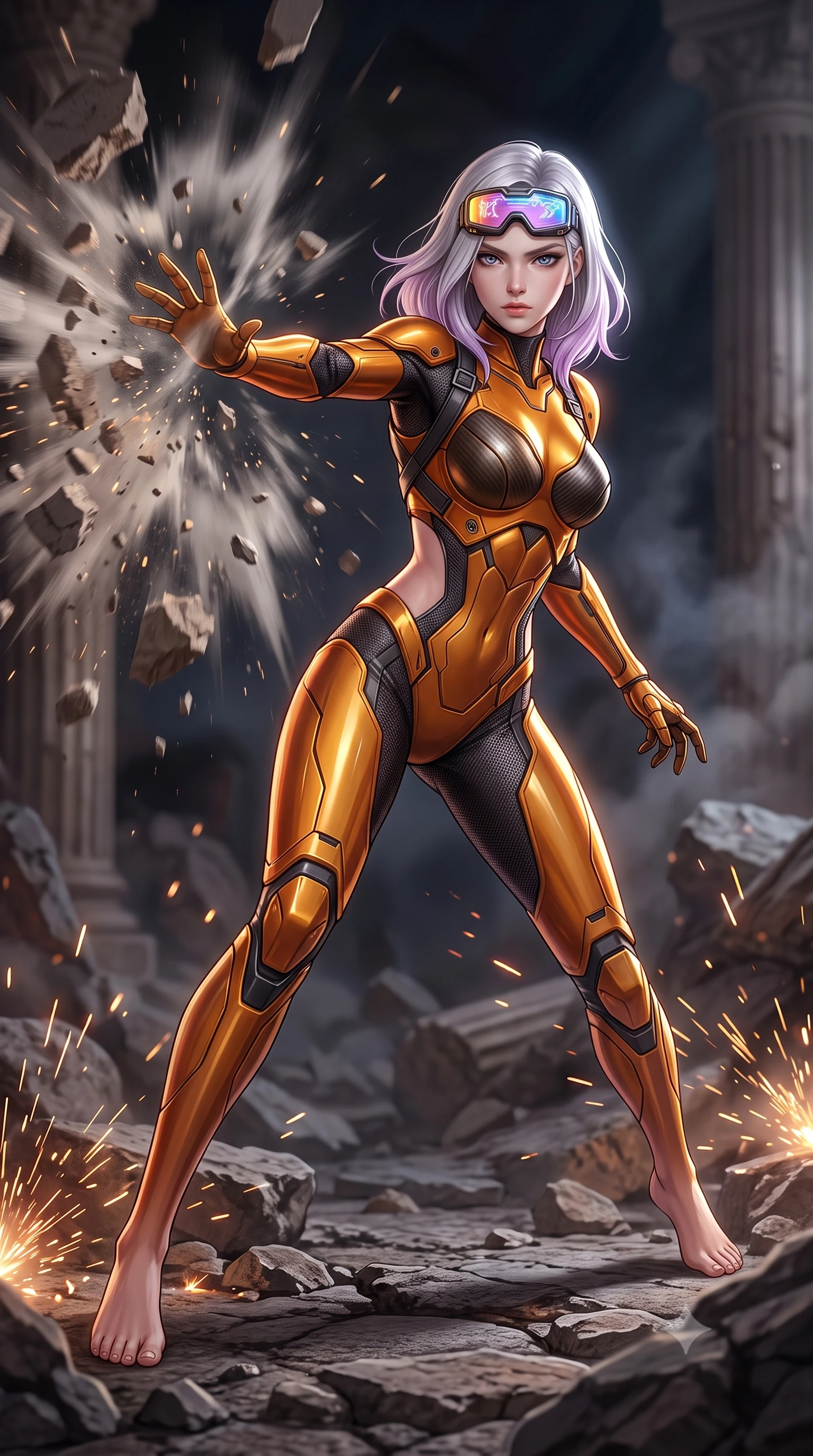score_9, masterpiece, best quality, ultra-detailed, high-budget anime keyframe, semi-realistic 3D game render, editorial fashion photography, tasteful artistic composition, Caucasian woman. low angle full-body shot from head to toe showing her feet, filling the entire 9:16 vertical frame with her statuesque presence, stretching her vertical silhouette. striding forward with sovereign warrior elegance in a low, predatory combat advance through the ruins, hips swaying with fierce athletic poise while delivering a supersonic kinetic palm strike that shatters falling masonry in a radial blast of air and dust. The composition keeps background elements in soft focus with creamy bokeh. sparks from severed high-voltage conduits scattering radiant light motes across a dark sacred battlefield. She has an absolutely perfect, statuesque 8.5-heads proportion, an exceptionally tall and slender model-like female figure with impossibly long slender legs, a toned flat midriff, and an ultra-slim waist. sharp v-shaped jawline, high-bridge nose, intricate jewel-like eyes with depth, thick eyelashes, glossy lips with a natural sheen, fierce and resolute heroine expression, flawlessly proportioned anatomical accuracy, strict slender model proportions, natural body alignment, perfectly sculpted long slender limbs, ultra-slim waistline, clean dynamic posture without body distortion. wearing high-tech holographic tactical goggles resting tipped up on her forehead, casting glowing neon runes across her brow without obscuring her features, paired with a form-contouring high-mobility battle-suit featuring sculpted carbon chest plating, diagonal midriff ventilation cutouts, and kinetic knee vambraces in molten amber-gold carbon cuirass with dark gunmetal weave, made of lightweight aerodynamic carbon-titanium alloy with precision-beveled armor seams, complemented by criss-cross back harness straps highlighting her completely bare spine, the precision-cut daring openings accentuating her delicate midriff, graceful bare collarbones, and ultra-slim feminine waistline. surrounded by an awe-inspiring, tragic, and radiantly unbreakable warrior goddess aura. rich saturated anime colors with glowing neon highlights, detailed shading with soft gradients, rich glossy textures, high-contrast stereoscopic depth, volumetric dynamic lighting, master piece, 9:16 ratio