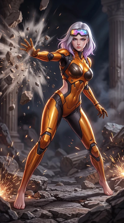 score_9, masterpiece, best quality, ultra-detailed, high-budget anime keyframe, semi-realistic 3D game render, editorial fashion photography, tasteful artistic composition, Caucasian woman. low angle full-body shot from head to toe showing her feet, 