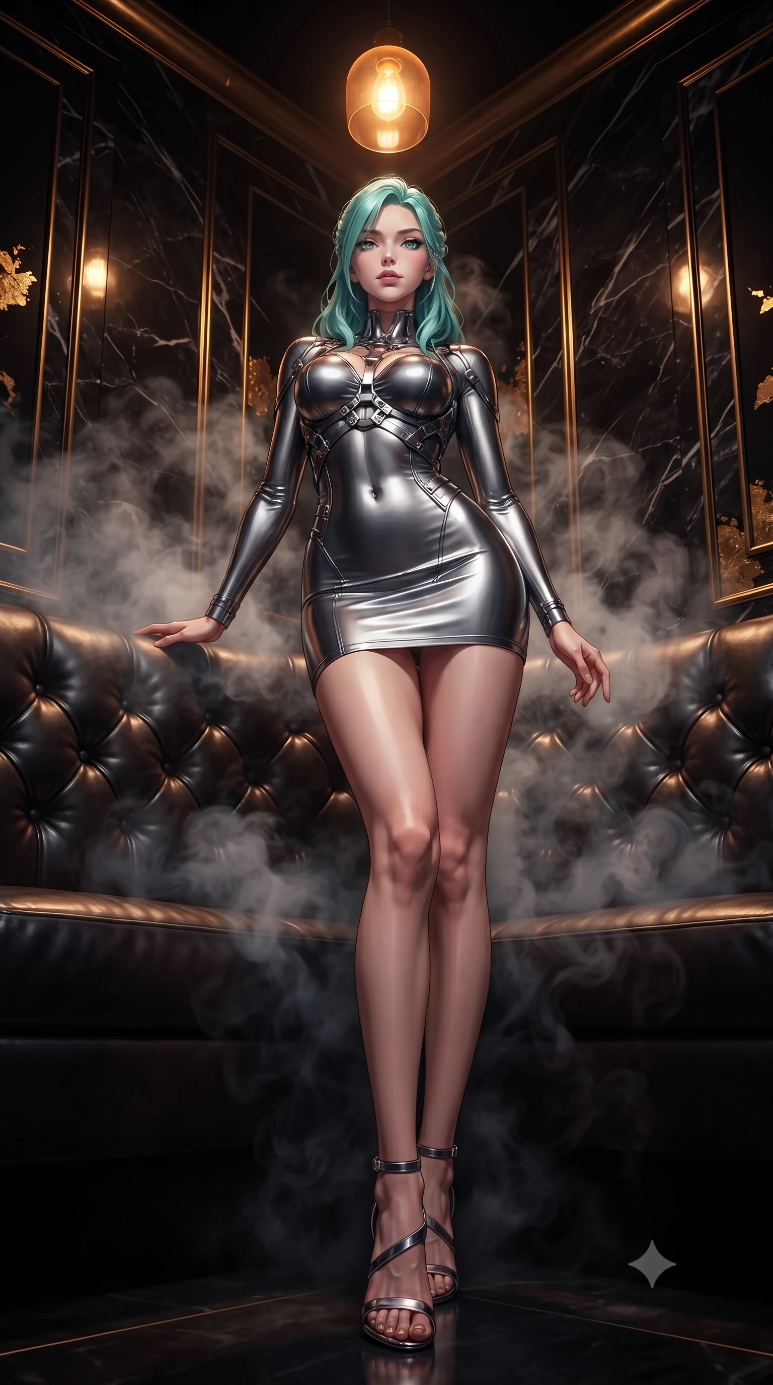 score_9, masterpiece, best quality, ultra-detailed, high-budget anime keyframe, editorial fashion photography, tasteful artistic composition, Japanese woman. low angle full-body shot from head to toe showing her feet, filling the entire 9:16 vertical frame with her statuesque presence, stretching her vertical silhouette. forging confidently through the floating mist, holding a poised statuesque stance, resting against a tufted leather booth cushion surrounded by swirling aromatic smoke, gold leaf accents on marble walls glinting under specular highlights. She has an absolutely perfect, statuesque 8.5-heads proportion, an exceptionally tall and slender model-like female figure with impossibly long slender legs and an ultra-slim waist. sharp v-shaped jawline, high-bridge nose, intricate jewel-like eyes with depth, thick eyelashes, glossy lips with a natural sheen. wearing aerodynamic second-skin dark silver metallic bodycon dress in metallic dark silver, made of sculpted obsidian metallic chrome, highlighted by a gunmetal metallic harness structure, accentuating her gracefully sculpted slender torso. illuminated by a single warm amber pendant light directly above into pitch darkness. highly saturated vibrant anime colors, detailed shading with soft gradients, rich glossy textures, high-contrast stereoscopic depth, volumetric dynamic lighting, master piece, 9:16 ratio