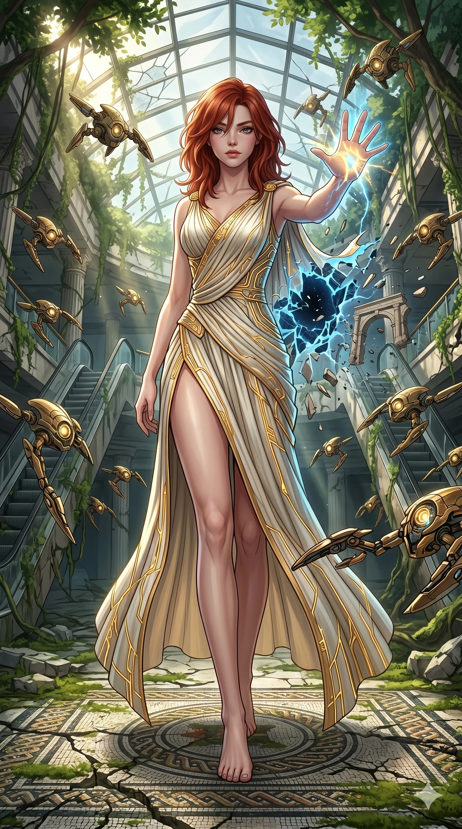 score_9, masterpiece, best quality, ultra-detailed, Set A: High-budget Anime Keyframe, Caucasian (human ears) woman. Upper body close-up from the thighs up, character filling the screen for maximum presence. Theme: Historical Remix. shattering the fabric of reality in a ruined overgrown shopping mall, surrounded by 39 hovering guardian drones. The atmosphere is filled with cinematic sunlight through leaves. She has an absolutely perfect 8-heads proportion, an exceptionally tall and slender female figure with impossibly long slender legs and an ultra-slim waist. Sharp v-shaped jawline, high-bridge nose, intricate jewel-like eyes with depth, glossy lips. Wearing Ancient Roman-style tech-toga with glowing gold filigree and a high side slit. Cinematic lighting, vivid colors, dramatic shadows, 2k, ultra detail, master piece, 9:16 ratio