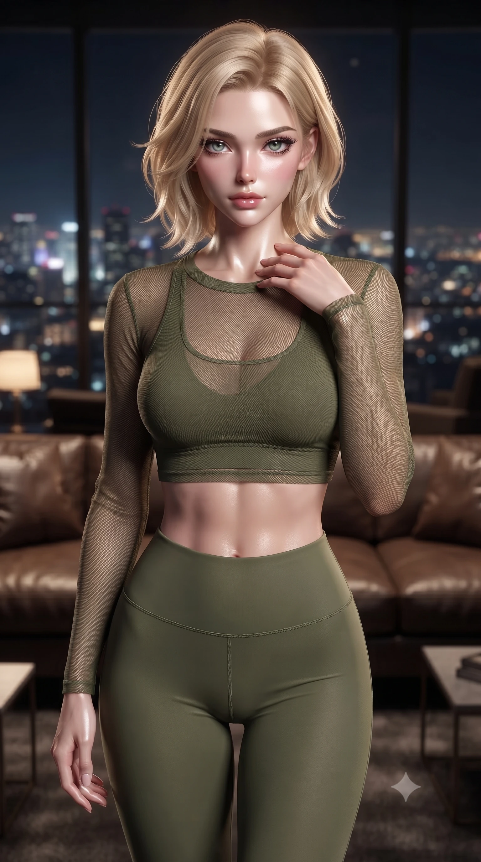 score_9, masterpiece, best quality, ultra-detailed, high-budget anime keyframe, editorial fashion photography, tasteful artistic composition, Caucasian woman. close-up cowboy shot from the waist and thighs up, the character dominates the composition, filling the frame with her large presence, background elements kept in soft focus. standing with one hand resting on her collarbone, looking at the viewer with bedroom-eyes the background shows a soft-focus a helipad lounge bar with leather sofas and panoramic views of the city at night. She has an exceptionally elegant, slender, and willowy female figure with an ultra-slim waist, a gracefully sculpted slender torso, and a refined silhouette. sharp v-shaped jawline, high-bridge nose, intricate jewel-like eyes with depth, thick eyelashes, glossy lips with a natural sheen. wearing a slim-fit sheer mesh long-sleeve crop top in olive green, worn over a matching sports bra and leggings. soft spotlighting highlighting the silk textures of her gown. ultra-reflective glossy finish, specular highlights, metallic sheen, high-contrast stereoscopic depth, volumetric dynamic lighting, 2k, ultra detail, master piece, 9:16 ratio