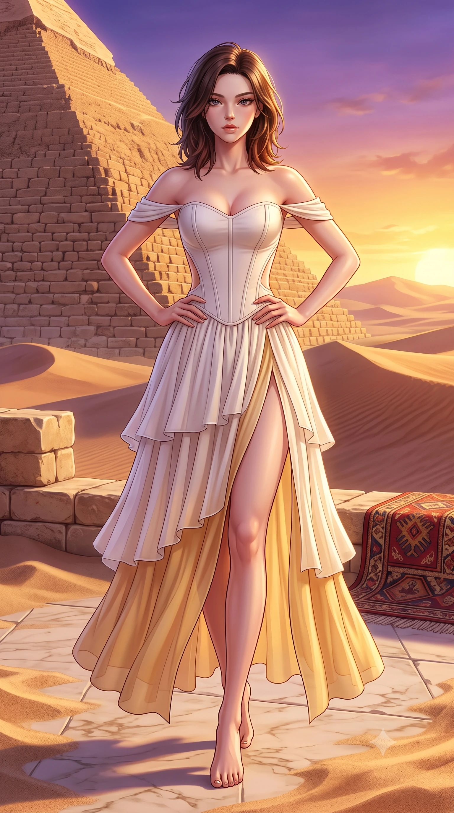 score_9, masterpiece, best quality, ultra-detailed, high-budget anime keyframe, semi-realistic 3D game render, editorial fashion photography, tasteful artistic composition, Korean woman. low angle full-body shot from head to toe showing her feet, filling the entire 9:16 vertical frame with her statuesque presence, stretching her vertical silhouette. striding forward in a proud supermodel runway stride, hips swaying in an alluring kinetic rhythm that accentuates her curvy hourglass silhouette while standing poised on the sand-swept marble terrace with hands on her hips, turning in an alluring contrapposto stance in the warm desert breeze. The surrounding environment is rendered in vivid detail and crisp panoramic clarity. sharp ancient pyramid limestone block courses, desert sand dune ridges, and embroidered kilim weave in deep focus. She has an exceptionally tall and slender model-like 8.5-heads proportion, an ultra-slim waist, a flat toned midriff, narrow delicate ribcage, and beautifully sculpted feminine hips creating a graceful, slim hourglass silhouette without any bulky heaviness, with impossibly long slender legs. sharp v-shaped jawline, high-bridge nose, intricate jewel-like eyes with depth, thick eyelashes, glossy parted lips with a natural sheen, intensely captivating and seductive bedroom-eyes expression, flawlessly proportioned anatomical accuracy, strict slender model proportions, natural body alignment, perfectly sculpted long slender limbs, ultra-slim waistline, clean dynamic posture without body distortion. wearing an off-shoulder French court corset bodice dress paired with a tiered translucent chiffon slit skirt in pure alabaster white and sun-kissed gold, tailored from water-resistant treated wool gabardine and flexible stretch silk, finished with criss-cross back satin straps highlighting her graceful shoulder blades, the precision-cut side openings and low-back scoop framing her graceful spine and the sensual sweep of her slim, toned hips. bathed in breathtaking desert sunset backlighting in molten gold and deep violet tones. highly saturated vibrant anime colors, detailed shading with soft gradients, rich glossy textures, high-contrast stereoscopic depth, volumetric dynamic lighting, master piece, 9:16 ratio