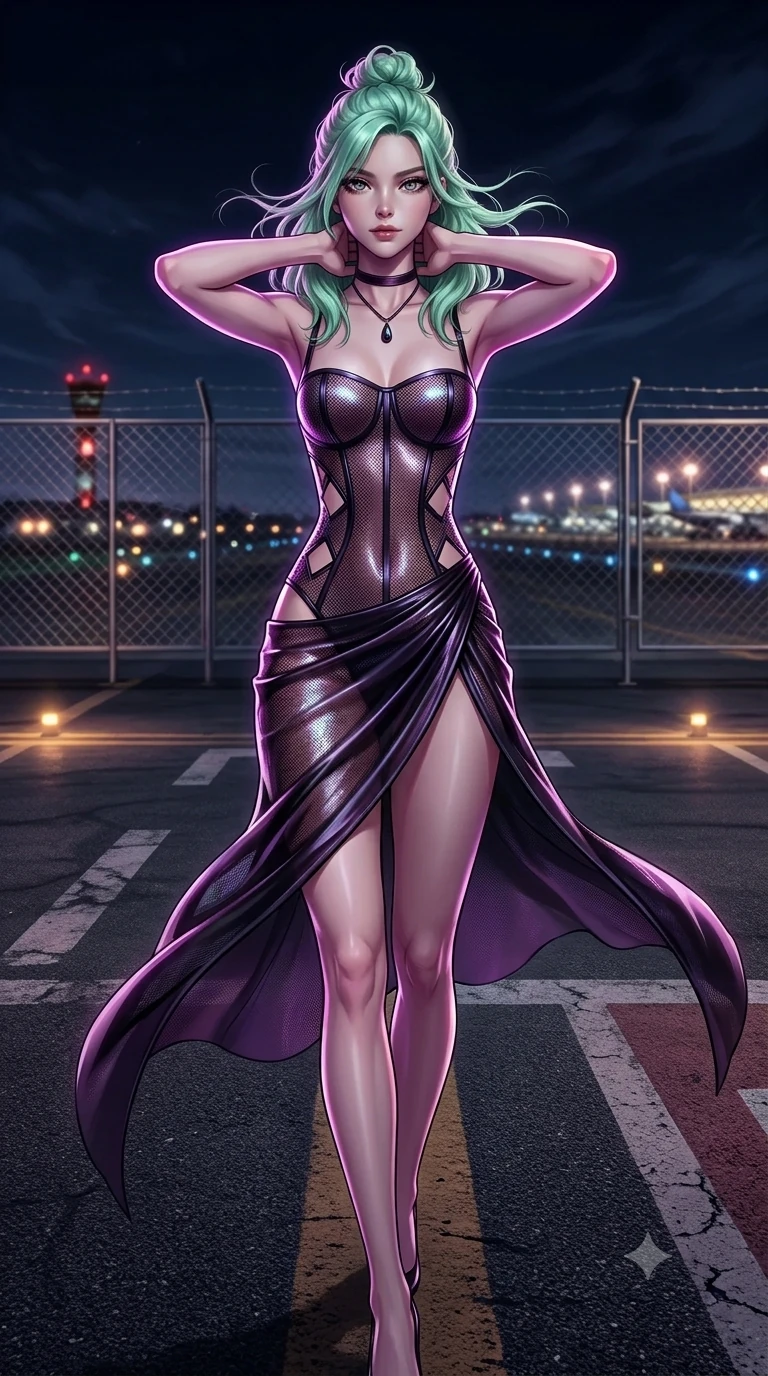 score_9, masterpiece, best quality, ultra-detailed, high-budget anime keyframe, semi-realistic 3D game render, editorial fashion photography, tasteful artistic composition, Japanese woman. close-up cowboy shot from the waist and thighs up, the character dominates the composition, filling the frame with her large presence. resting both hands lightly behind her neck with elbows raised, arching her spine to highlight her narrow waist and flat midriff while striding confidently across the tarmac markings, nocturnal gale-force breezes whipping her garments open to accentuate her long slender legs. The surrounding environment is rendered in vivid detail and crisp panoramic clarity: sharp aeronautical tarmac aggregate, stainless steel perimeter safety net weave, and aviation beacon lens facets in deep focus. She has an exceptionally elegant, slender, and willowy female figure with an ultra-slim waist, flat toned midriff, narrow ribcage, and sculpted feminine hips creating an alluring, slim hourglass silhouette without bulk. sharp v-shaped jawline, high-bridge nose, intricate jewel-like dark sparkling eyes with hypnotic seductive depth, thick curled eyelashes, glossy parted lips with a natural wine sheen, alluring bedroom-eyes with an enigmatic smoldering smile, exuding magnetic sovereign charisma and dark avant-garde glamour, flawlessly proportioned anatomical accuracy, strict slender model proportions, natural body alignment, perfectly sculpted long slender limbs, ultra-slim waistline, clean dynamic posture without body distortion. wearing a translucent iridescent micro-mesh corset dress with wet-look second-skin cling tracing her feminine curves in obsidian black and dark plum violet, adorned with laser-cut diamond side panels revealing teasing glimpses of bare skin, finished with a minimalist dark choker and a single teardrop pendant, the high-slit wrap tailoring accentuating her ultra-slim waistline and the enchanting curve of her feminine hips with alluring seductive charm. illuminated by tarmac ground bounce and sharp ultraviolet-rose rim lights sculpting her razor-sharp jawline, narrow waist, and curvy hips. highly saturated vibrant anime colors, detailed shading with soft gradients, rich glossy textures, high-contrast stereoscopic depth, volumetric dynamic lighting, master piece, 9:16 ratio