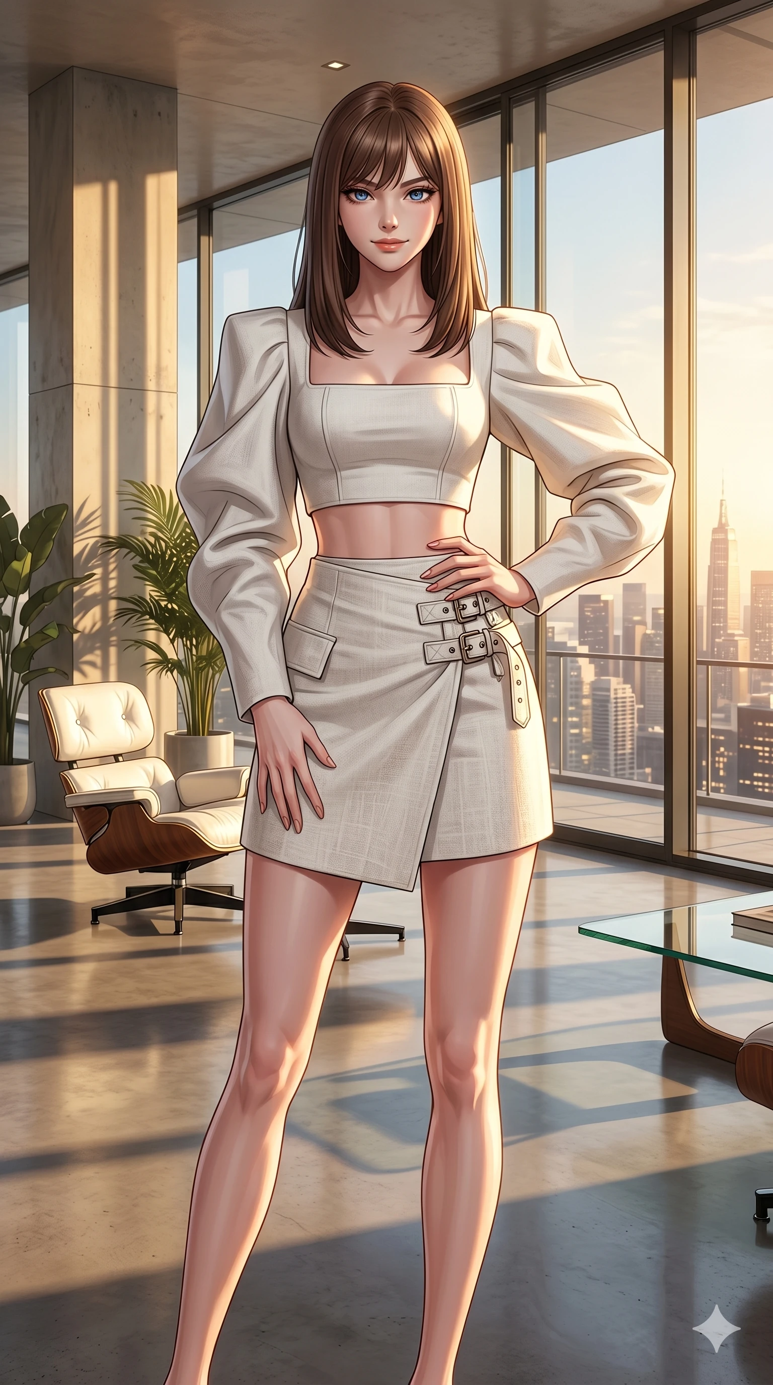 score_9, masterpiece, best quality, ultra-detailed, high-budget anime keyframe, editorial fashion photography, tasteful artistic composition, Korean woman. cowboy shot from the thighs up, character and outfit filling the frame for maximum editorial presence. posing with bright, confident self-assurance, her expression full of power standing in a modern penthouse with high ceilings and glass walls. She has an absolutely perfect 8-heads proportion, an exceptionally tall and slender female figure with impossibly long slender legs and an ultra-slim waist. V-shaped jawline, high-bridge nose, intricate jewel-like eyes with depth, thick eyelashes, glossy lips with a natural sheen. wearing a structured white crop top and high-waisted wrap skirt with metallic buckle details. bathed in warm afternoon sunbeams casting long, soft shadows across the penthouse floor. 2k, ultra detail, master piece, 9:16 ratio