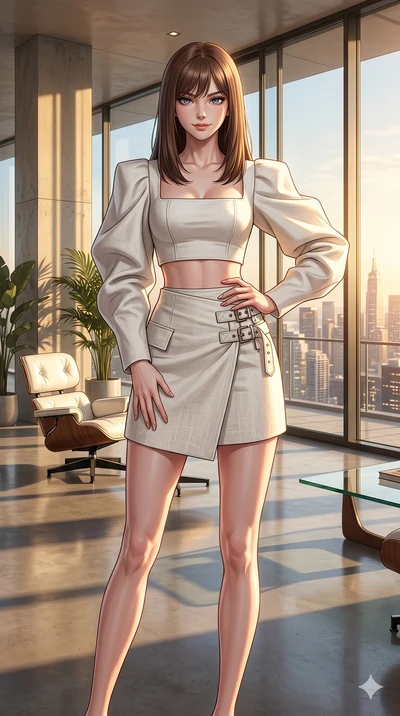 score_9, masterpiece, best quality, ultra-detailed, high-budget anime keyframe, editorial fashion photography, tasteful artistic composition, Korean woman. cowboy shot from the thighs up, character and outfit filling the frame for maximum editorial p