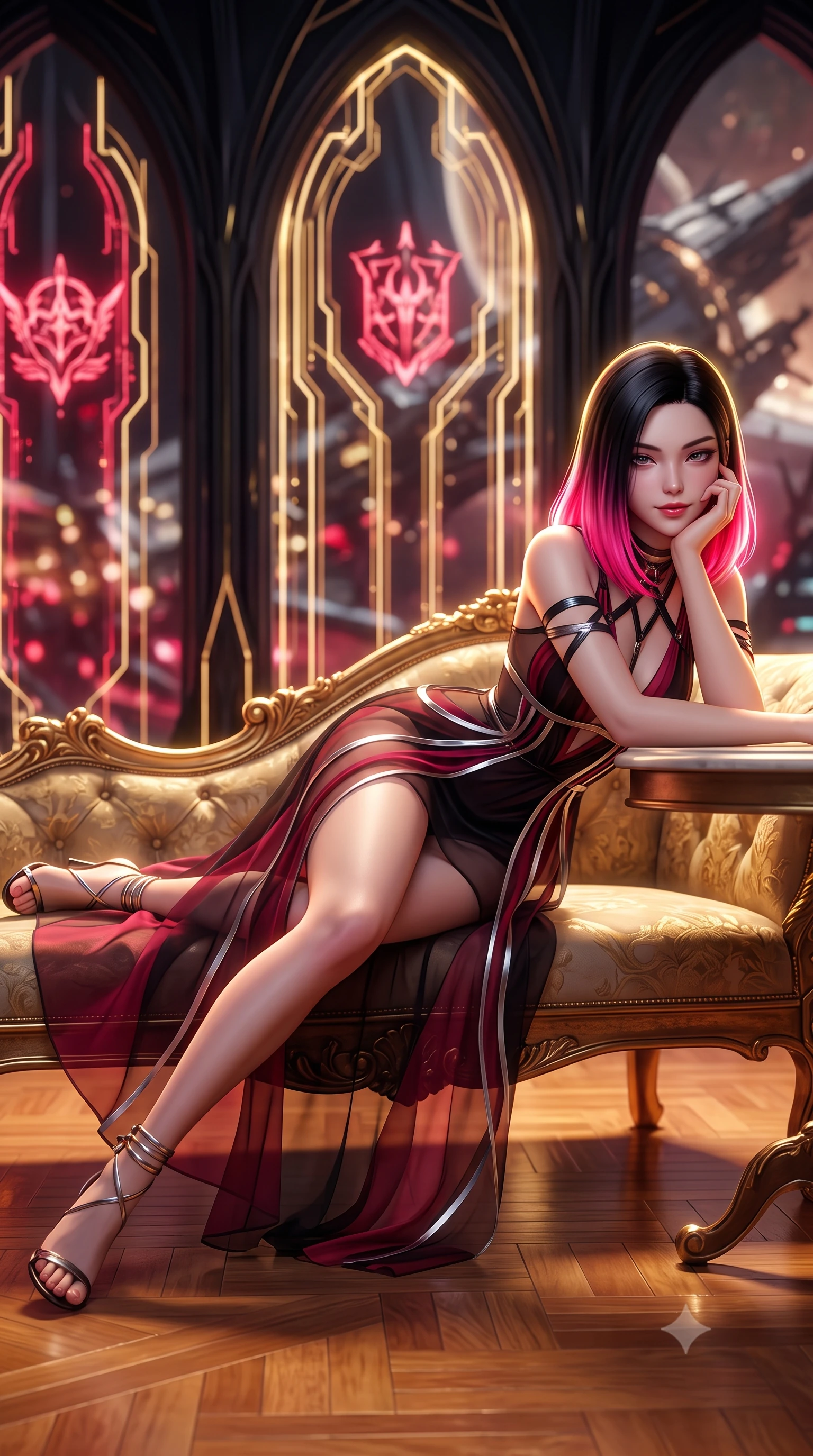 score_9, masterpiece, best quality, ultra-detailed, high-budget anime keyframe, semi-realistic 3D game render, editorial fashion photography, tasteful artistic composition, Korean woman. close-up cowboy shot from the waist and thighs up, the character dominates the composition, filling the frame with her large presence. resting one elbow on the table and supporting her chin, leaning close to the camera with heavy-lidded sparkling eyes and parted lips while lounging gracefully across the antique gilded chaise propped on one elbow with legs extended, displaying her long slender limbs and statuesque hourglass silhouette with regal anime flair. The background shows a soft-focus soaring gothic obsidian arches interlaced with pulsing gold circuits, holographic crimson heraldry, and orbital star battle wreckage blurred into ruby, gold, and champagne bokeh. She has an exceptionally elegant, slender, and willowy female figure with an ultra-slim waist, flat toned midriff, narrow ribcage, and sculpted feminine hips creating an alluring, slim hourglass silhouette without bulk. sharp v-shaped jawline, high-bridge nose, intricate jewel-like sparkling eyes with depth, thick eyelashes, glossy parted lips with a natural peach sheen, bright cheerful beaming smile with an enchanting and coquettish sensual glint, exuding both youthful cute charm and seductive allure, flawlessly proportioned anatomical accuracy, strict slender model proportions, natural body alignment, perfectly sculpted long slender limbs, ultra-slim waistline, clean dynamic posture without body distortion. wearing a plunge-front sheer illusion tulle combat slip dress with liquid platinum ribbon stripes hugging her curves in Star-Fortress obsidian black and imperial crimson, made of sheer gossamer chiffon that drapes softly against skin with airy translucence, complemented by strappy stiletto sandals with metallic ankle wraps accentuating her slender calves, the second-skin tailored fabric adhering flawlessly to her sculpted flat midriff and slender torso, emphasizing her long leg lines and perfectly proportioned willowy build. illuminated by polished parquet reflection bounce and sharp gold-plasma rim lights sculpting her jawline, narrow waist, and curvy hips. highly saturated vibrant anime colors, detailed shading with soft gradients, rich glossy textures, high-contrast stereoscopic depth, volumetric dynamic lighting, master piece, 9:16 ratio