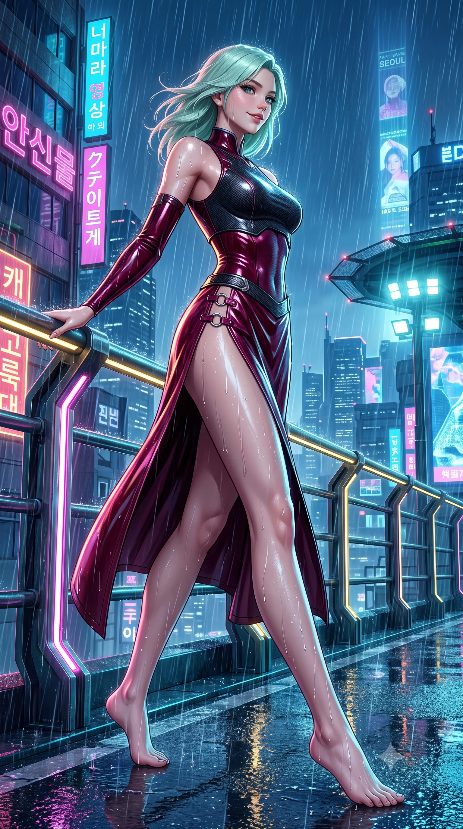 score_9, masterpiece, best quality, ultra-detailed, high-budget anime keyframe, semi-realistic 3D game render, editorial fashion photography, tasteful artistic composition, Japanese woman. low angle full-body shot from head to toe showing her feet, filling the entire 9:16 vertical frame with her statuesque presence, stretching her vertical silhouette. standing in a tall, confident posture with one hand on a glowing metal railing, stretching her statuesque body as she arches her lower back to emphasize her sculpted feminine hips and slender waist while walking dynamically across the wet tarmac while glancing back, her tailored combat suit hugging her curves in the neon-lit downpour. The surrounding environment is rendered in vivid detail and crisp panoramic clarity: detailed wet-look suit texture, water droplet beads on skin, and futuristic Seoul skyline architecture in high resolution. She has an absolutely perfect, statuesque 8.5-heads proportion, an exceptionally tall and slender model-like female figure with impossibly long slender legs, an ultra-slim waist, a flat toned midriff, narrow delicate ribcage, and beautifully sculpted feminine hips creating a graceful, slim hourglass silhouette without any bulky heaviness. sharp v-shaped jawline, high-bridge nose, intricate jewel-like sparkling eyes with depth, thick eyelashes, glossy parted lips with a natural sheen, bright confident smile with an enchanting and coquettish sensual glint, exuding both youthful magnetic charm and sovereign high-tech allure, flawlessly proportioned anatomical accuracy, strict slender model proportions, natural body alignment, perfectly sculpted long slender limbs, ultra-slim waistline, clean dynamic posture without body distortion. wearing a cyber-samurai tactical suit featuring a shortened carbon chestplate and high-slit armored wrap skirt in deep wine crimson and dark carbon weave, tailored from ultra-reflective glossy liquid vinyl with mirror-like specular highlights, finished with sharp laser-cut side ventilation slits framed by silver hardware rings, the liquid-tight tailored fabric clinging flawlessly to her narrow waist and rounded feminine hips, emphasizing every millimeter of her sculpted slim hourglass curves without any bulky heaviness. illuminated by helipad floodlights and sharp golden rim lights defining her sculpted collarbones, ultra-slim waist, and curvy hips. highly saturated vibrant anime colors, detailed shading with soft gradients, rich glossy textures, high-contrast stereoscopic depth, volumetric dynamic lighting, master piece, 9:16 ratio