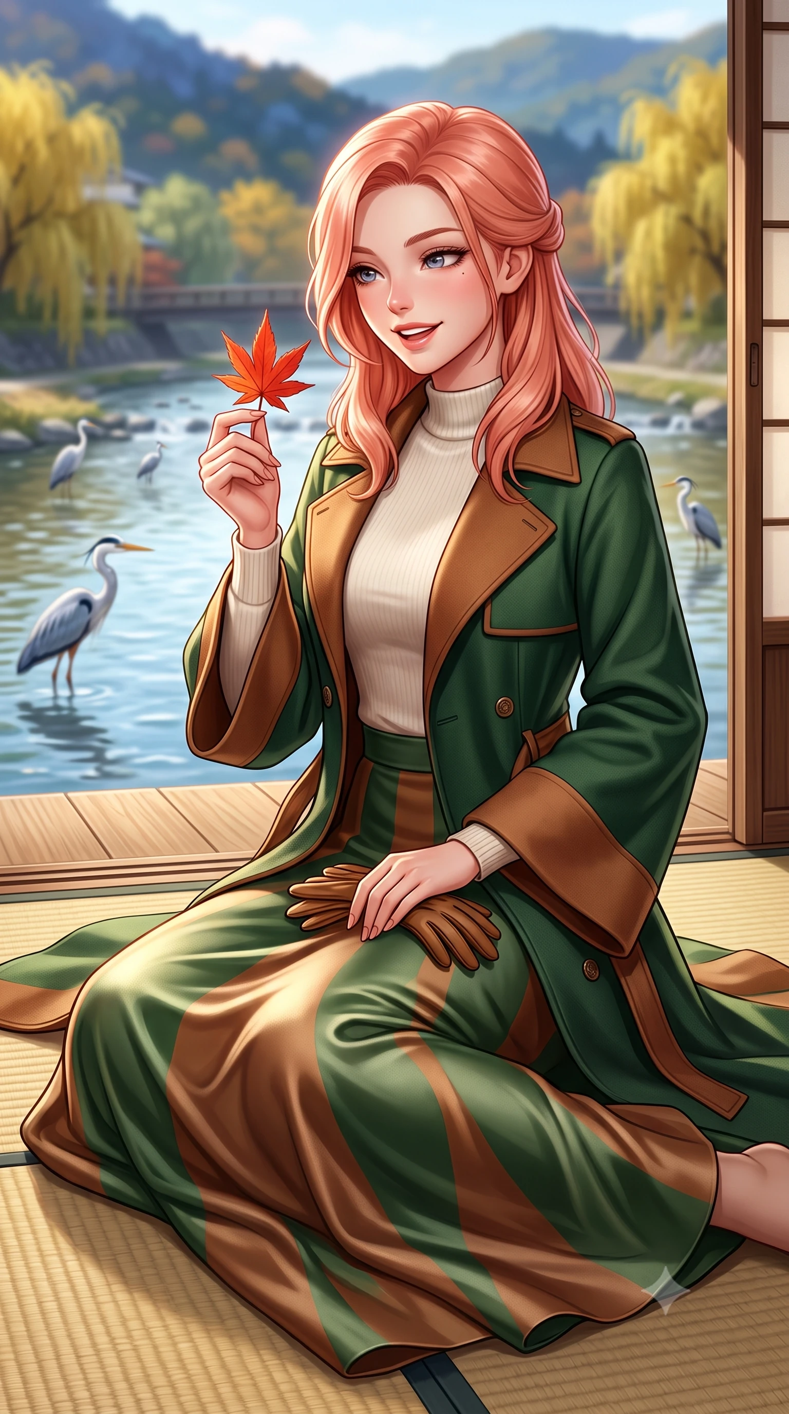 score_9, masterpiece, best quality, ultra-detailed, high-budget anime keyframe, semi-realistic 3D game render, editorial fashion photography, tasteful artistic composition, Japanese woman. close-up cowboy shot from the waist and thighs up, the character dominates the composition, filling the frame with her large presence. holding a single autumn leaf delicately between manicured fingers, admiring it with a cheerful, parted-lip smile while sitting gracefully on a tatami mat at the open veranda edge, watching herons wade in the Kamogawa river with tranquil charm. The background shows a soft-focus clear flowing Kamogawa river waters, weeping willow trees turning gold along riverbanks, and distant Higashiyama hills blurred into indigo, golden olive, and slate bokeh. She has an exceptionally elegant, slender, and willowy female figure with an ultra-slim waist, flat toned midriff, narrow ribcage, and sculpted feminine hips creating an alluring, slim hourglass silhouette without bulk. sharp v-shaped jawline, high-bridge nose, intricate jewel-like sparkling eyes with depth, thick eyelashes, glossy parted lips with a natural peach sheen, bright cheerful beaming smile with an enchanting and coquettish sensual glint, exuding both youthful cute charm and seductive allure, flawlessly proportioned anatomical accuracy, strict slender model proportions, natural body alignment, perfectly sculpted long slender limbs, ultra-slim waistline, clean dynamic posture without body distortion. wearing an elegant tailored wool trench with kimono-inspired wide sleeves worn over an ivory mock-neck sweater and long skirt in heritage British racing green and warm cognac brown, crafted from fluid mulberry silk twill with an understated lustrous pearl finish, complemented by buttery leather gloves held delicately in one manicured hand, the expertly draped wool fabric falling in crisp fluid lines along her tall 8.5-heads silhouette, celebrating her slender frame without excess fabric bulk. illuminated by river water specular reflection bounce and sharp copper-rose rim lights sculpting her jawline, narrow waist, and graceful model proportions. highly saturated vibrant anime colors, detailed shading with soft gradients, rich glossy textures, high-contrast stereoscopic depth, volumetric dynamic lighting, master piece, 9:16 ratio