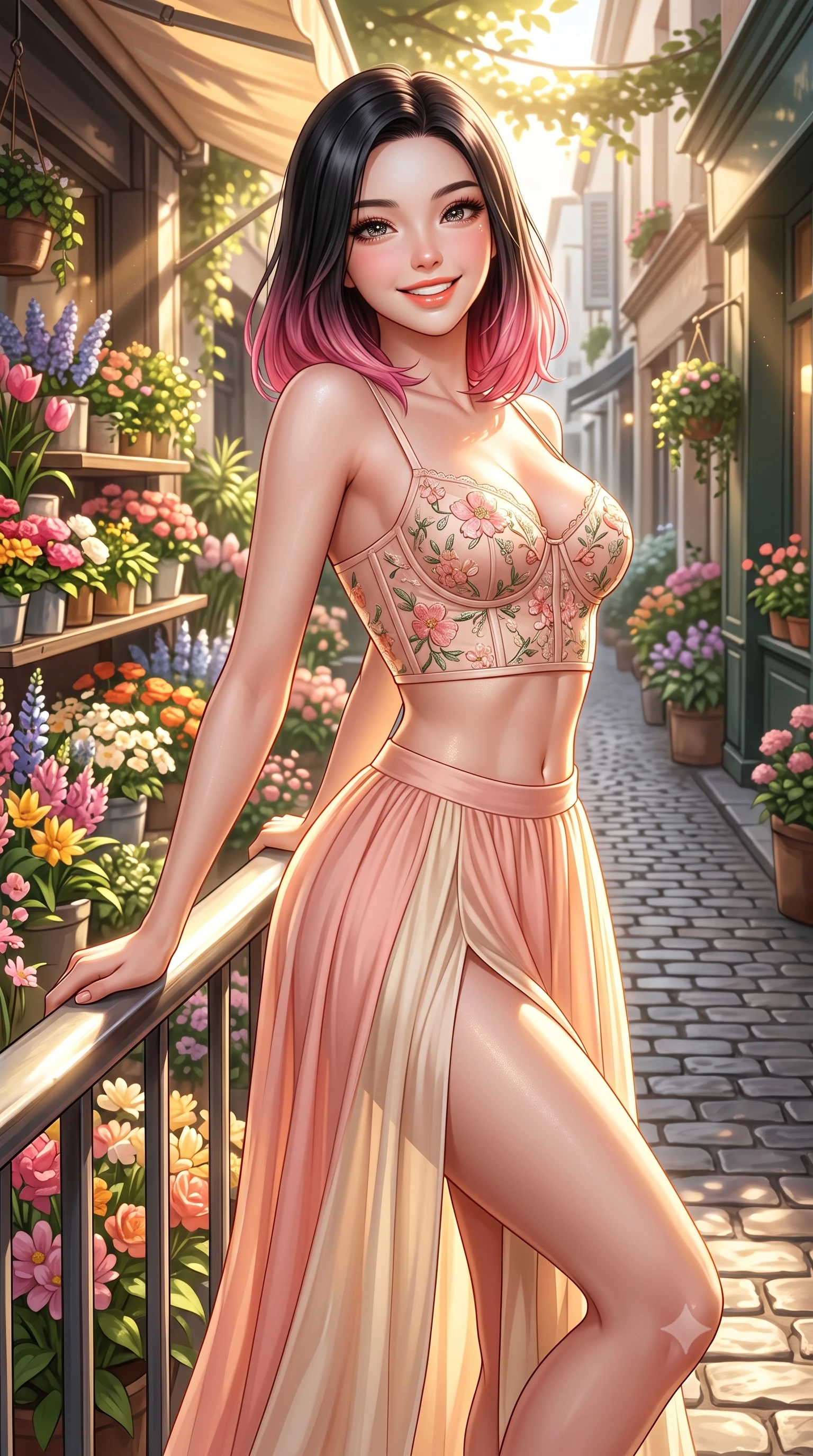score_9, masterpiece, best quality, ultra-detailed, high-budget anime keyframe, semi-realistic 3D game render, editorial fashion photography, tasteful artistic composition, Korean woman. close-up cowboy shot from the waist and thighs up, the character dominates the composition, filling the frame with her large presence. leaning back against the sunlit railing with relaxed seductive grace, her flat midriff and narrow waist highlighted as she smiles brightly with bewitching eyes while pausing beside an outdoor Parisian-style flower stall on the sloping cobblestone alley, arching her back with a bright, charming smile. The surrounding environment is rendered in vivid detail and crisp panoramic clarity. detailed fabric drape, golden sunlight glints on skin, and Hannam alleyway clarity in high resolution. She has an exceptionally elegant, slender, and willowy female figure with an ultra-slim waist, flat toned midriff, narrow ribcage, and sculpted feminine hips creating an alluring, slim hourglass silhouette without bulk. sharp v-shaped jawline, high-bridge nose, intricate jewel-like sparkling eyes with depth, thick eyelashes, glossy parted lips with a natural peach sheen, bright cheerful beaming smile with an enchanting and coquettish sensual glint, exuding both youthful cute charm and seductive allure, flawlessly proportioned anatomical accuracy, strict slender model proportions, natural body alignment, perfectly sculpted long slender limbs, ultra-slim waistline, clean dynamic posture without body distortion. wearing a delicate floral embroidery bustier top paired with a flowy high-slit chiffon maxi skirt with a side hip opening in pastel peach blossom pink and warm champagne ivory, crafted from liquid-tight stretch jersey emphasizing every curve, finished with delicate lace scallop edging along the neckline, the high-waisted tailoring accentuating her ultra-slim waistline and the enchanting curve of her feminine hips with alluring charm. illuminated by crisp directional highlights accentuating her sculpted midriff, narrow waist, and curvy hips. highly saturated vibrant anime colors, detailed shading with soft gradients, rich glossy textures, high-contrast stereoscopic depth, volumetric dynamic lighting, master piece, 9:16 ratio