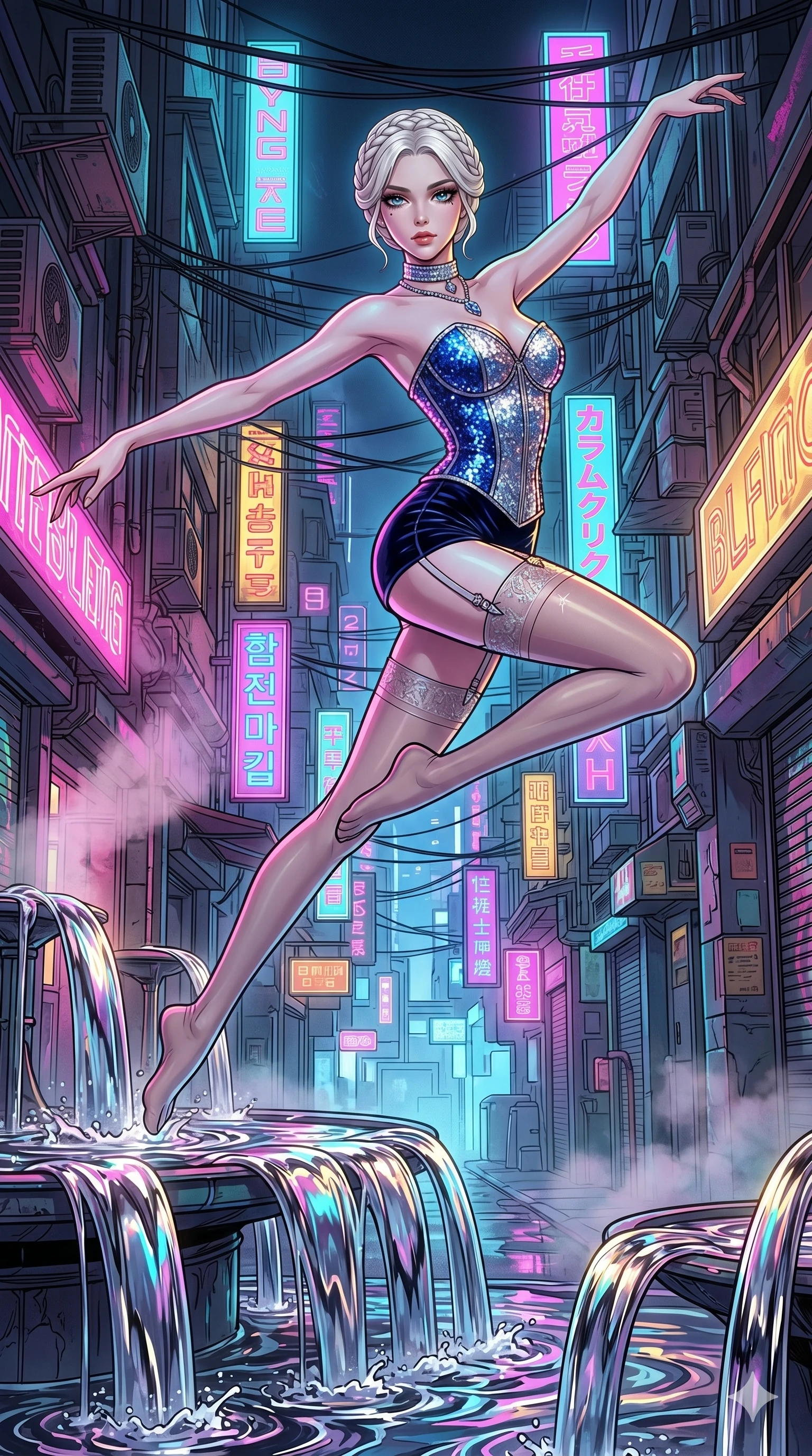 score_9, masterpiece, best quality, ultra-detailed, high-budget anime movie keyframe, cinematic anime lighting, intricate line art, Caucasian (strictly human ears) woman. Dynamic full-body shot stretching the vertical silhouette across the 9:16 frame. leaping gracefully in a neon-lit cyberpunk alleyway with liquid mercury fountains. She has an absolutely perfect 8-heads proportion, an exceptionally tall and slender female figure with an ultra-slim waist and impossibly long slender legs. sharp v-shaped jawline, high-bridge nose, intricate jewel-like eyes, thick eyelashes, glossy lips. Wearing luxurious K-pop idol stage outfit featuring a sparkling sequined corset, high-cut velvet shorts, and sheer silk stockings with garter belts, accessorized with crystal chokers. The scene is illuminated by dramatic atmospheric lighting and vibrant color palettes. , 2k, ultra detail, master piece, 9:16 ratio