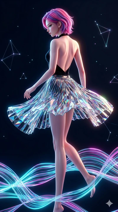 score_9, masterpiece, best quality, ultra-detailed, high-budget anime keyframe, Caucasian woman, strictly human ears. upper body close-up from the thighs up, character filling the screen for maximum presence. stepping on holographic fluid ribbons of 