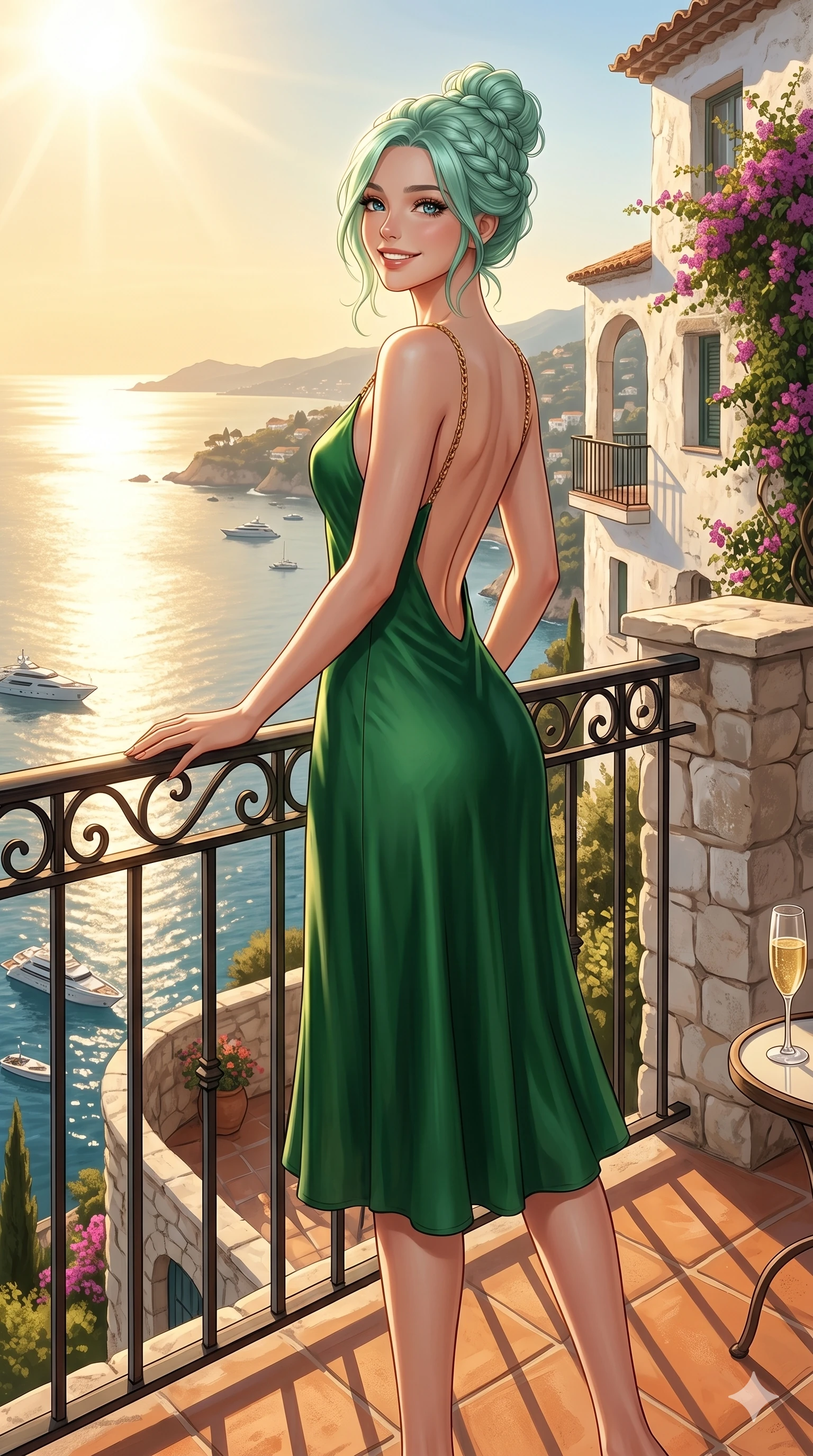 score_9, masterpiece, best quality, ultra-detailed, high-budget anime keyframe, editorial fashion photography, tasteful artistic composition, Japanese woman. cowboy shot from the thighs up, character and outfit filling the frame for maximum editorial presence. smiling happily with a serene and joyful gaze, her head tilted slightly standing on a balcony of a cliffside villa overlooking a sunny ocean bay. She has an absolutely perfect 8-heads proportion, an exceptionally tall and slender female figure with impossibly long slender legs and an ultra-slim waist. V-shaped jawline, high-bridge nose, intricate jewel-like eyes with depth, thick eyelashes, glossy lips with a natural sheen. wearing a green silk slip dress with an open-back design and delicate gold straps. drenched in brilliant afternoon sunshine casting warm rays over the sea and villa. 2k, ultra detail, master piece, 9:16 ratio