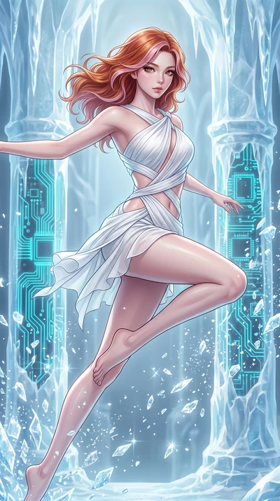 score_9, masterpiece, best quality, ultra-detailed, high-budget anime keyframe, Korean woman. upper body close-up from the thighs up, character filling the screen for maximum presence. leaping inside a sub-zero cybernetic ice temple, where glowing ne