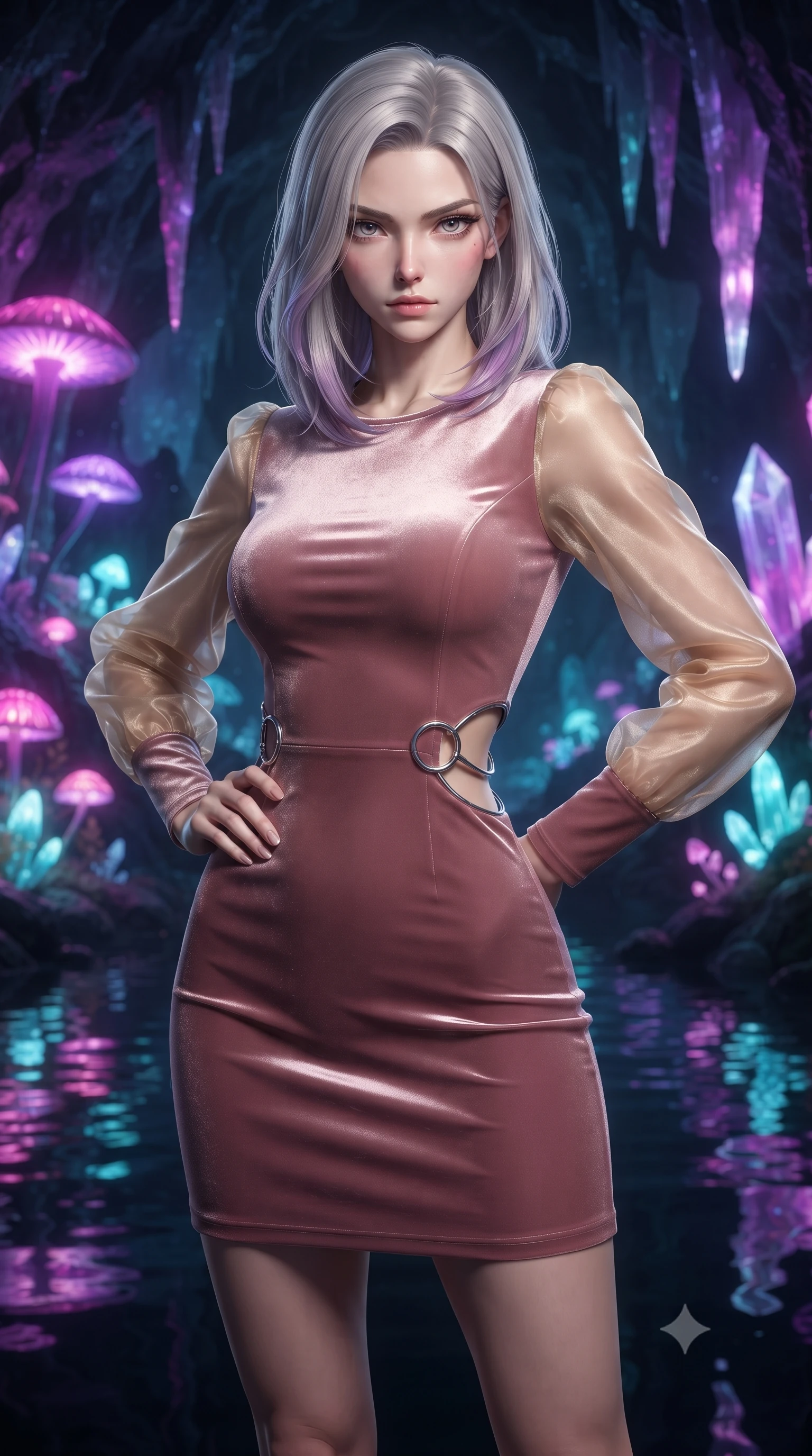 score_9, masterpiece, best quality, ultra-detailed, high-budget anime keyframe, editorial fashion photography, tasteful artistic composition, Caucasian woman. close-up cowboy shot from the waist and thighs up, the character dominates the composition, filling the frame with her large presence, background elements kept in soft focus. Holding a confident power pose with one hand on her hip, gazing directly into the camera with quiet intensity navigating a cavern filled with bioluminescent fungi and crystalline stalactites, still mirror-like water below reflecting her statuesque figure flawlessly. She has an exceptionally elegant, slender, and willowy female figure with an ultra-slim waist, a gracefully sculpted slender torso, and a refined silhouette. sharp v-shaped jawline, high-bridge nose, intricate jewel-like eyes with depth, thick eyelashes, glossy lips with a natural sheen. wearing a sleek bodycon knit dress with sheer organza sleeve panels in dusty rose and champagne gold, made of premium stretch velvet with a rich sheen, accented with delicate chrome ring hardware framing her waist, the glove-like fit emphasizing her statuesque silhouette. illuminated by radiant purple, magenta, and cyan crystal inner glow. ultra-reflective glossy finish, specular highlights, metallic sheen, high-contrast stereoscopic depth, volumetric dynamic lighting, 2k, ultra detail, master piece, 9:16 ratio