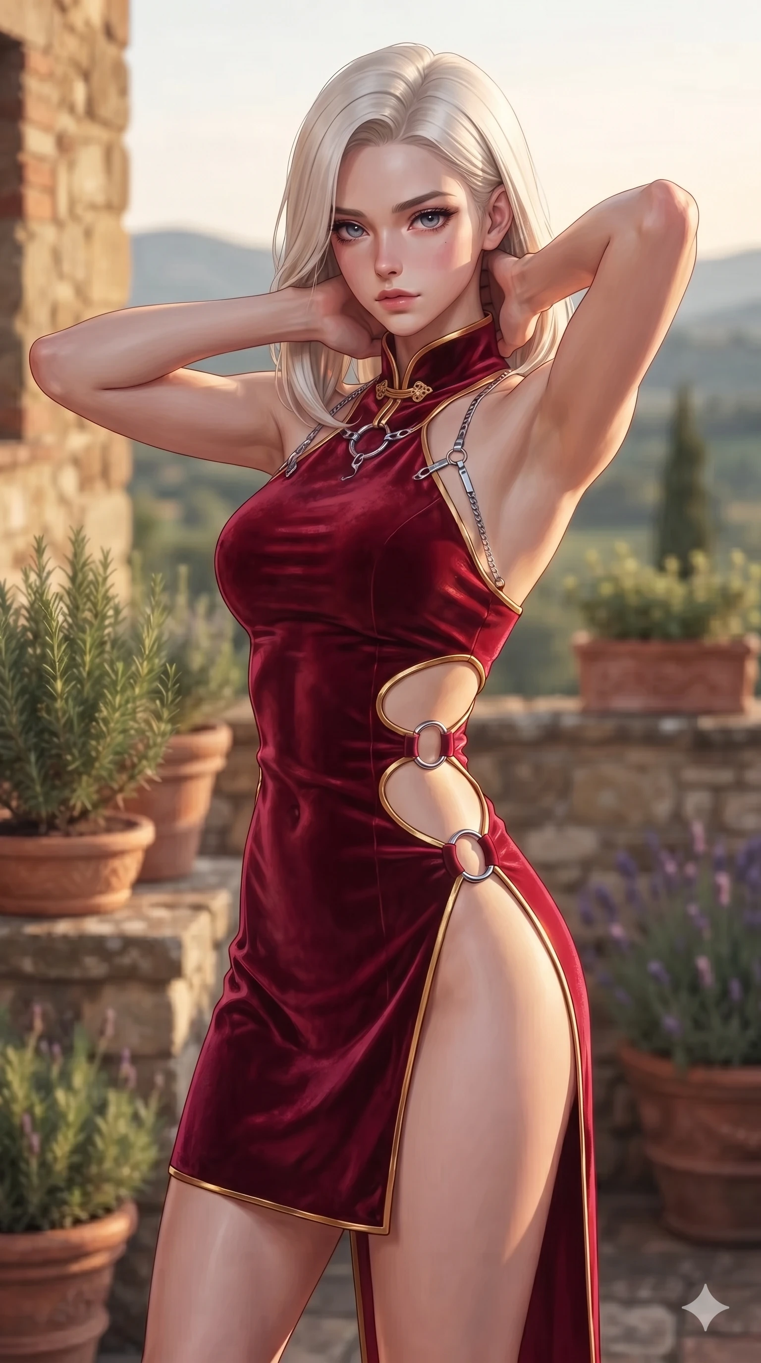 score_9, masterpiece, best quality, ultra-detailed, high-budget anime keyframe, editorial fashion photography, tasteful artistic composition, Caucasian woman. close-up cowboy shot from the waist and thighs up, the character dominates the composition, filling the frame with her large presence. resting both hands lightly behind her neck with elbows raised, arching her spine to highlight her narrow waist, flat midriff, and breathtaking collarbones while twisting her slender torso in an alluring contrapposto stance, warm golden evening light caressing her flat midriff and feminine hips. The composition keeps background elements in soft focus with creamy bokeh: scented Tuscan evening breeze softened in Renaissance villa terrace shallow focus. She has an exceptionally elegant, slender, and willowy female figure with an ultra-slim waist, flat toned midriff, narrow ribcage, and sculpted feminine hips creating an alluring, slim hourglass silhouette without bulk. sharp v-shaped jawline, high-bridge nose, intricate jewel-like eyes with depth, thick eyelashes, glossy parted lips with a natural sheen, intensely captivating and seductive bedroom-eyes expression, flawlessly proportioned anatomical accuracy, strict slender model proportions, natural body alignment, perfectly sculpted long slender limbs, ultra-slim waistline, clean dynamic posture without body distortion. wearing a modernized cyber-qipao mini dress with an ultra-high side slit ascending to the hip and glowing piping in royal crimson velvet and burnished gold, adorned with delicate chrome ring hardware and cutouts along her slender waist, accented with a chrome-drop body harness subtly framing her dewy collarbones and spine, the bespoke structured tailoring following the natural line of her 8.5-heads silhouette with refined elegance. illuminated by stone terrace bounce and sharp amber rim lights defining her razor-sharp jawline, narrow waist, and curvy hips. ultra-reflective glossy finish, specular highlights, rich textural contrasts, high-contrast stereoscopic depth, volumetric dynamic lighting, 2k, ultra detail, master piece, 9:16 ratio