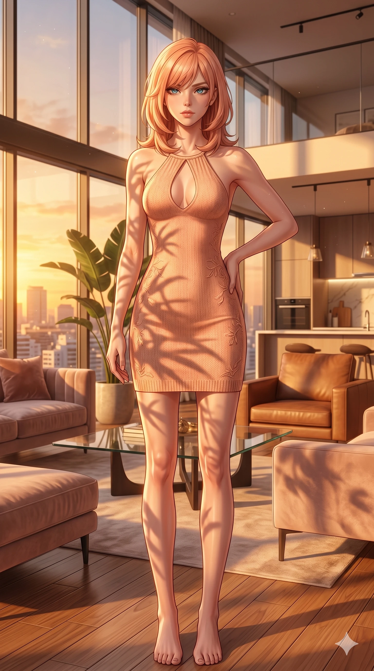 score_9, masterpiece, best quality, ultra-detailed, high-budget anime keyframe, editorial fashion photography, tasteful artistic composition, Japanese woman. cowboy shot from the thighs up, character and outfit filling the frame for maximum editorial presence. looking down at the viewer with a haughty, composed and cool expression, her shoulders relaxed inside an airy loft living room with floor-to-ceiling glass walls letting in warm golden hour light (Code-P067). She has an absolutely perfect 8-heads proportion, an exceptionally tall and slender female figure with impossibly long slender legs and an ultra-slim waist. V-shaped jawline, high-bridge nose, intricate jewel-like eyes with depth, thick eyelashes, glossy lips with a natural sheen. wearing a form-fitting peach-colored knit dress with an elegant keyhole cutout and bare back design. bathed in warm, golden afternoon sunbeams casting soft organic shadows of leaves on her skin. 2k, ultra detail, master piece, 9:16 ratio