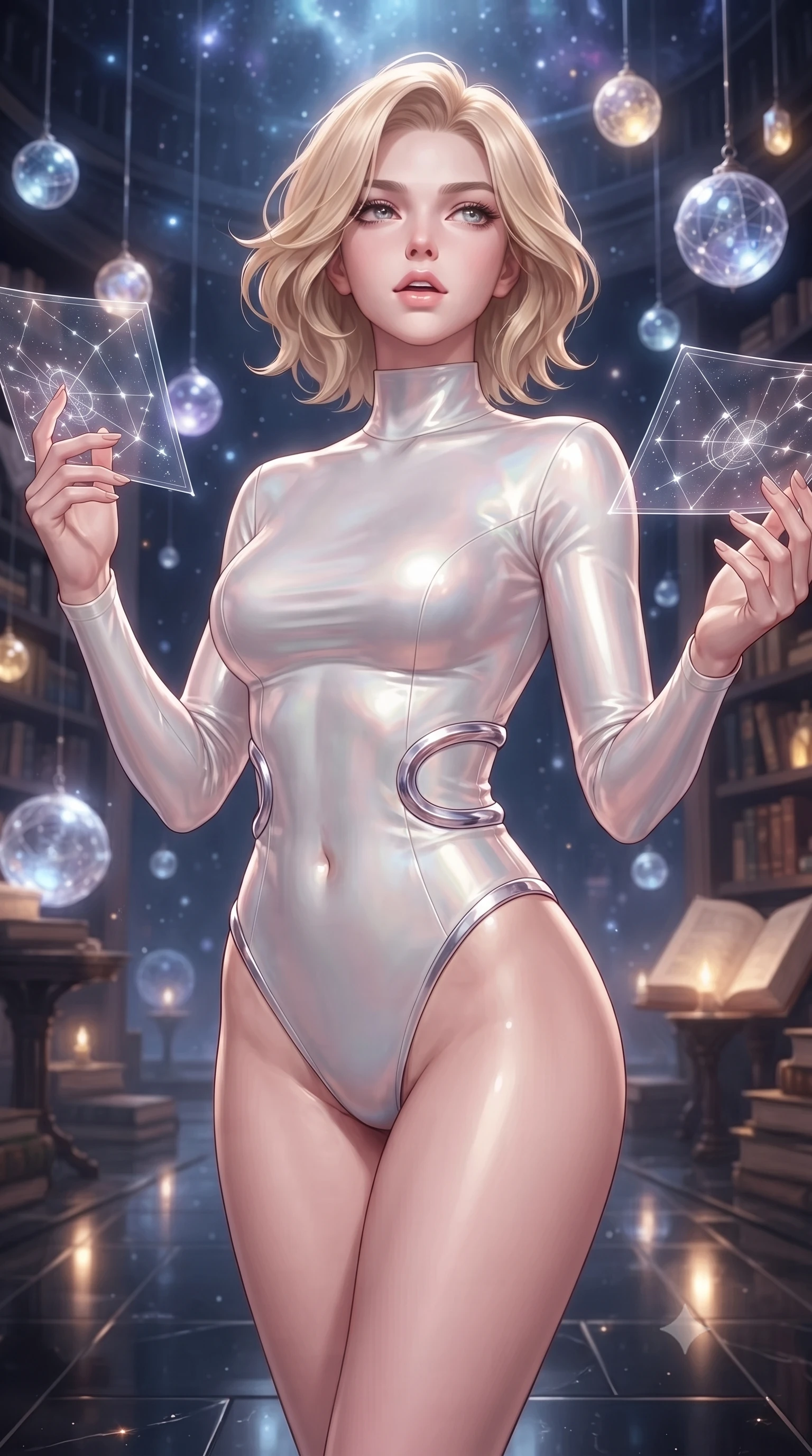 score_9, masterpiece, best quality, ultra-detailed, high-budget anime keyframe, editorial fashion photography, tasteful artistic composition, Caucasian woman. close-up cowboy shot from the waist and thighs up, the character dominates the composition, filling the frame with her large presence, background elements kept in soft focus. Tilting her chin up slightly with lips parted in a composed, magnetic expression, navigating a starlight archives hall filled with suspended glowing crystal globes, translucent star charts floating around her fingertips. She has an exceptionally elegant, slender, and willowy female figure with an ultra-slim waist, a gracefully sculpted slender torso, and a refined silhouette. sharp v-shaped jawline, high-bridge nose, intricate jewel-like eyes with depth, thick eyelashes, glossy lips with a natural sheen. wearing sleek high-neck ribbed activewear bodysuit in pearl white in soft blush pink, made of iridescent hologram organza, accented with sculpted opal chrome rings at the waist, contouring every curve with an exceptionally elegant silhouette. illuminated by cosmic starlight rays and warm golden interior spotlight. ultra-reflective glossy finish, specular highlights, metallic sheen, high-contrast stereoscopic depth, volumetric dynamic lighting, 2k, ultra detail, master piece, 9:16 ratio