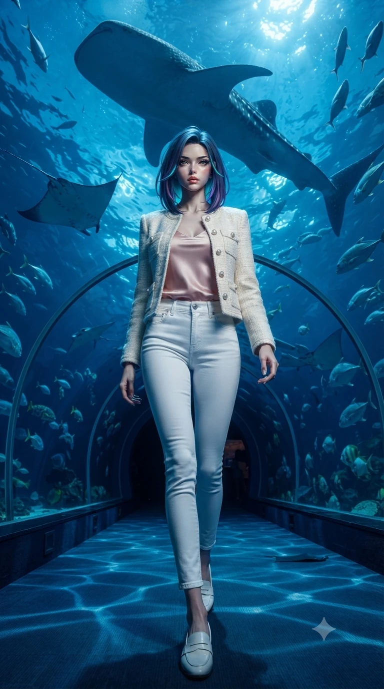 score_9, masterpiece, best quality, ultra-detailed, high-budget anime keyframe, editorial fashion photography, tasteful artistic composition, Caucasian woman, strictly human ears. low angle full-body shot from head to toe showing her feet, filling the entire 9:16 vertical frame with her statuesque presence, stretching her vertical silhouette. threading her way through walking through a transparent acrylic tunnel in a massive deep-ocean aquarium with whale sharks manta rays and schools of tropical fish gliding silently overhead and on all sides in dark blue water. She has a statuesque 8.5-heads proportion, an exceptionally tall, slender and willowy model-like build with impossibly long legs and a highly sculpted ultra-slim waist. sharp v-shaped jawline, high-bridge nose, intricate jewel-like eyes with depth, thick eyelashes, glossy lips with a natural sheen. wearing a structured ivory tweed jacket with pearl buttons over a blush pink silk camisole and white denim trousers. deep ocean blue light filtering through the water from above with focused aquarium exhibit lights creating dramatic underwater caustic patterns and cool blue ambient illumination. 2k, ultra detail, master piece, 9:16 ratio