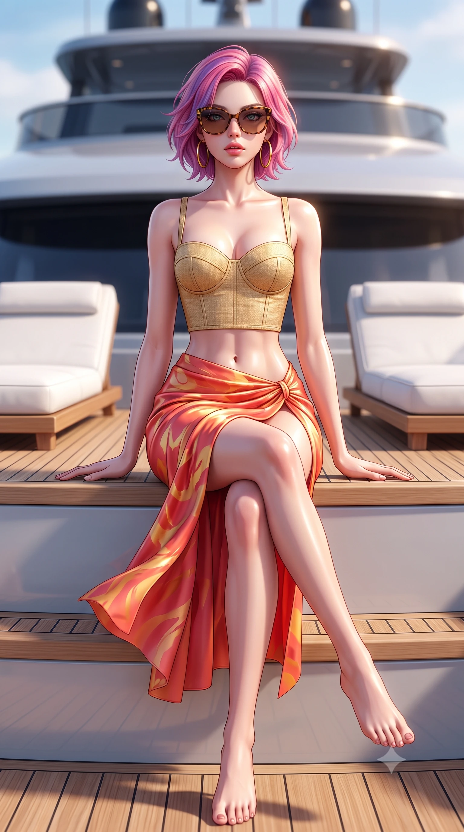 score_9, masterpiece, best quality, ultra-detailed, high-budget anime keyframe, semi-realistic 3D game render, editorial fashion photography, tasteful artistic composition, Caucasian woman. low angle full-body shot from head to toe showing her feet, filling the entire 9:16 vertical frame with her statuesque presence, stretching her vertical silhouette. sitting perched on the elevated ledge with hips angled toward the camera and legs crossed, displaying her toned midriff and flawlessly sculpted slender limbs while striding across the teak deck before pausing to pivot her hips in an alluring 3/4 rear view, sea breeze fluttering her form-fitting garments. The composition keeps background elements in soft focus with creamy bokeh. sleek yacht superstructure and white leather loungers softened in dreamy cinematic focus. She has an absolutely perfect, statuesque 8.5-heads proportion, an exceptionally tall and slender model-like female figure with impossibly long slender legs, a toned flat midriff, an ultra-slim waist, and beautifully sculpted feminine hips. sharp v-shaped jawline, high-bridge nose, intricate jewel-like eyes with depth, thick eyelashes, glossy parted lips with a natural sheen, intensely captivating and seductive bedroom-eyes expression, flawlessly proportioned anatomical accuracy, strict slender model proportions, natural body alignment, perfectly sculpted long slender limbs, ultra-slim waistline, clean dynamic posture without body distortion. wearing a structured golden-thread linen bustier paired with a draped high-slit silk skirt in vibrant sunset coral and molten gold, made of flexible bio-polymer knit with second-skin elasticity, accessorized with oversized designer tortoiseshell sunglasses and gold hoop earrings, the glove-like aerodynamic silhouette tightly following the natural contour of her hips and long slender legs with statuesque precision. illuminated by glowing specular sun glints defining her sculpted collarbones, ultra-slim waist, and curvy hips. highly saturated vibrant anime colors, detailed shading with soft gradients, rich glossy textures, high-contrast stereoscopic depth, volumetric dynamic lighting, master piece, 9:16 ratio