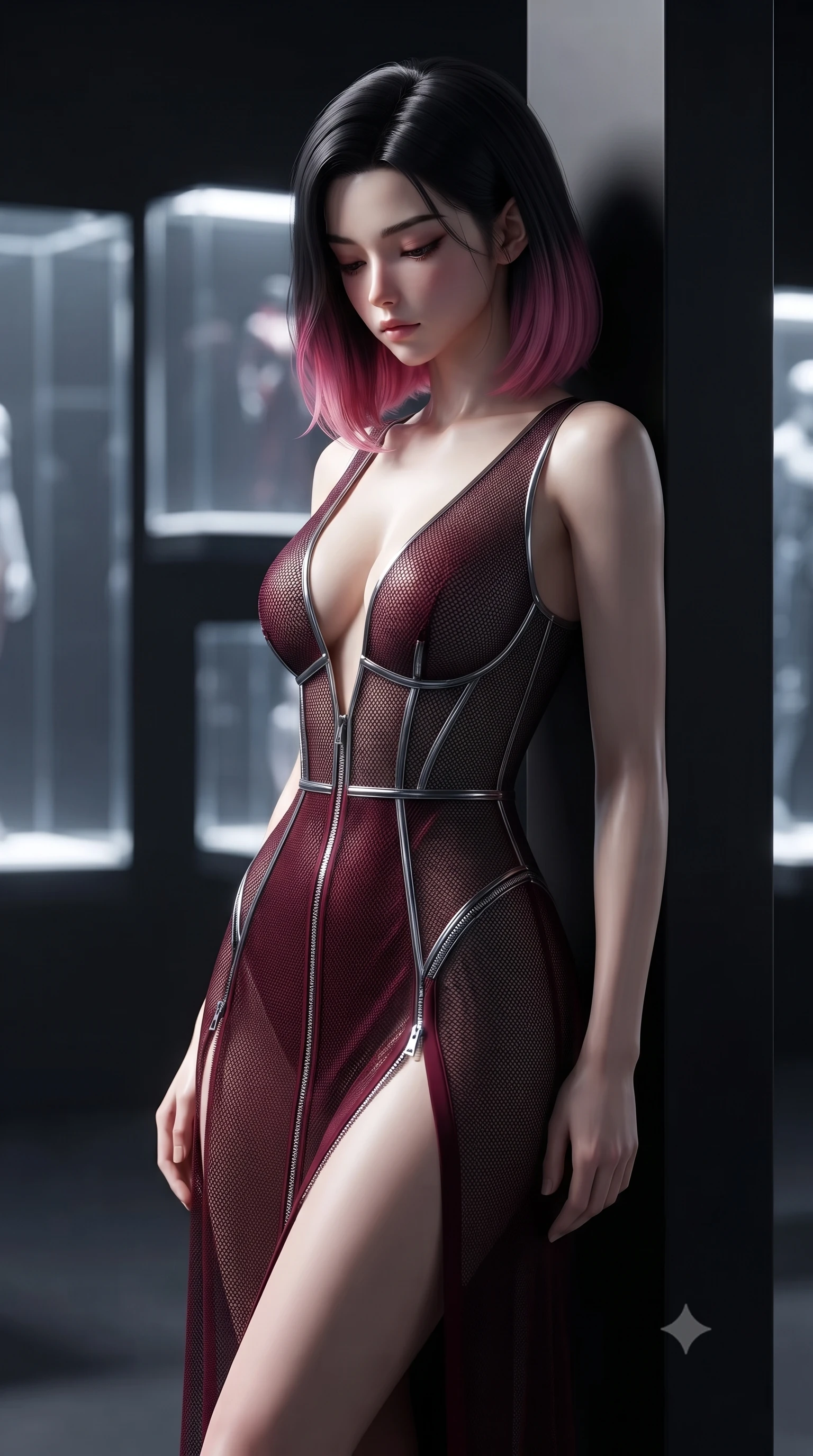 score_9, masterpiece, best quality, ultra-detailed, high-budget anime keyframe, editorial fashion photography, tasteful artistic composition, Korean woman. close-up cowboy shot from the waist and thighs up, the character dominates the composition, filling the frame with her large presence, background elements kept in soft focus. Looking down with lowered lashes and a composed, powerful dark aura, resting against a matte black pillar surrounded by floating acrylic glass displays, high-contrast black leather and chrome textures glinting under key rays. She has an exceptionally elegant, slender, and willowy female figure with an ultra-slim waist, a gracefully sculpted slender torso, and a refined silhouette. sharp v-shaped jawline, high-bridge nose, intricate jewel-like eyes with depth, thick eyelashes, glossy lips with a natural sheen. wearing deep plunging V-neckline midnight gown with daring high thigh slit in deep crimson burgundy, made of fine dark contouring mesh, finished with metallic silver boning and sleek zipper points, following her slender form with tailored precision. bathed in sharp side key rays and pitch-black ambient shadows. highly saturated vibrant anime colors, detailed shading with soft gradients, rich glossy textures, high-contrast stereoscopic depth, volumetric dynamic lighting, master piece, 9:16 ratio