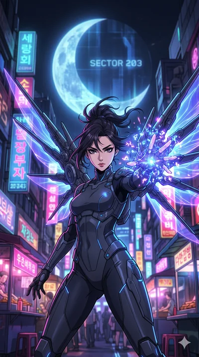 score_9, masterpiece, best quality, ultra-detailed, Set A: High-budget Anime Keyframe, Korean woman. Low angle cowboy shot filling the entire 9:16 frame with her statuesque presence. Casting a spell through a neon-lit Neo-Seoul market, with a massive