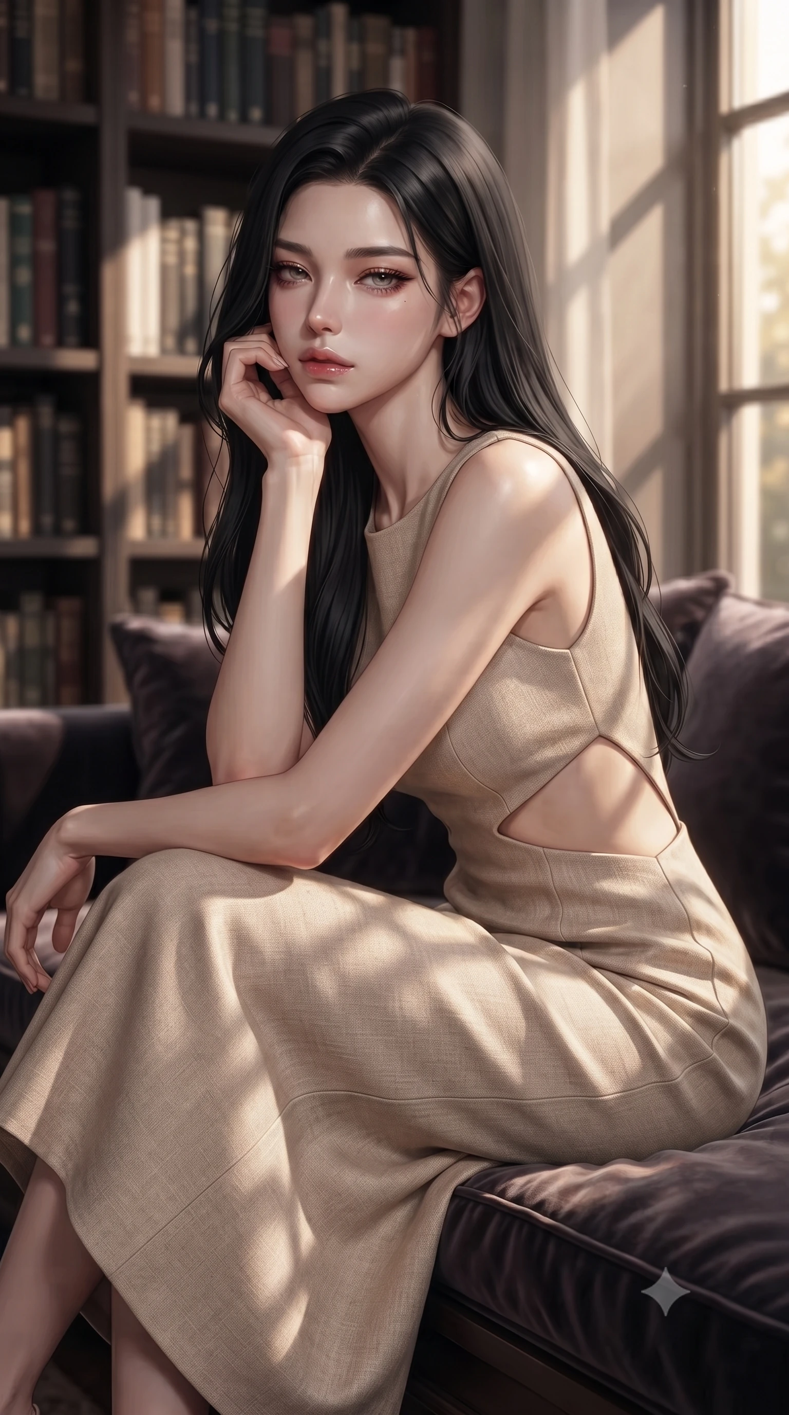 score_9, masterpiece, best quality, ultra-detailed, high-budget anime keyframe, editorial fashion photography, tasteful artistic composition, Korean woman woman. close-up cowboy shot from the waist and thighs up, the character dominates the composition, filling the frame with her large presence, background elements kept in soft focus. resting her chin on the backs of her fingers, casting a heavy-lidded, sultry look past the camera the background shows a soft-focus a quiet personal library room with bookshelves lining the walls and a plush window seat. She has an exceptionally elegant, slender, and willowy female figure with an ultra-slim waist, a gracefully sculpted slender torso, and a refined silhouette. sharp v-shaped jawline, high-bridge nose, intricate jewel-like eyes with depth, thick eyelashes, glossy lips with a natural sheen. wearing a tailored summer vacation dress in soft beige with dramatic architectural waist cutouts and a low back. soft golden afternoon light filtering through the window, casting long shadow patterns. ultra-reflective glossy finish, specular highlights, metallic sheen, high-contrast stereoscopic depth, volumetric dynamic lighting, 2k, ultra detail, master piece, 9:16 ratio