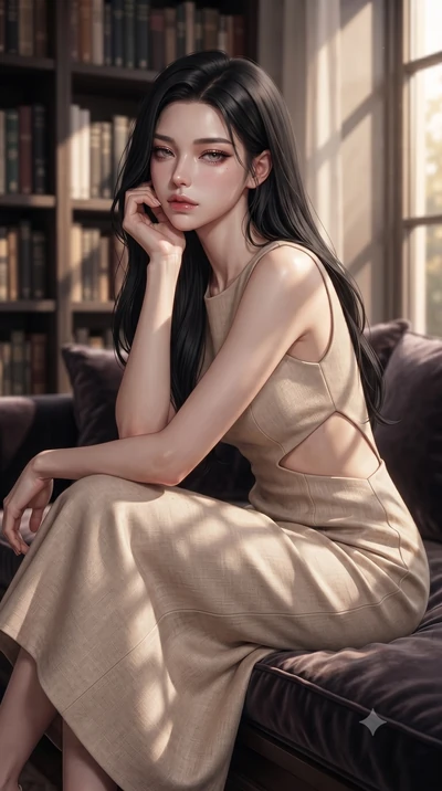 score_9, masterpiece, best quality, ultra-detailed, high-budget anime keyframe, editorial fashion photography, tasteful artistic composition, Korean woman woman. close-up cowboy shot from the waist and thighs up, the character dominates the compositi
