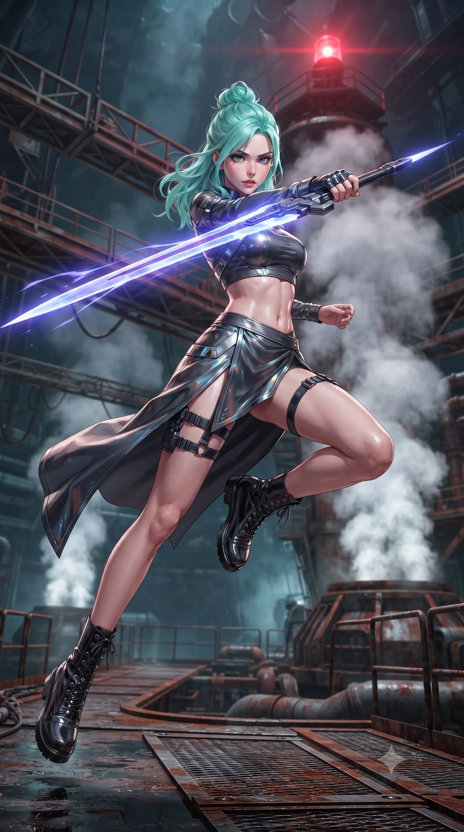 score_9, masterpiece, best quality, ultra-detailed, high-budget anime keyframe, editorial fashion photography, tasteful artistic composition, Japanese woman. low angle full-body shot from head to toe showing her feet, filling the entire 9:16 vertical frame with her statuesque presence, stretching her vertical silhouette. leaping forward while slashing with a twin-bladed plasma sword in mid-air, her body-contouring suit showing her athletic silhouette, the background shows a soft-focus a wet maintenance dock inside an undersea volcano crater with steam vents. She has an absolutely perfect, statuesque 8.5-heads proportion, an exceptionally tall and slender model-like female figure with impossibly long slender legs and an ultra-slim waist. sharp v-shaped jawline, high-bridge nose, intricate jewel-like eyes with depth, thick eyelashes, glossy lips with a natural sheen. wearing a slim-fit summer-combat crop top and wrap skirt set in carbon-grey, showing her delicately sculpted midriff. underground steam vents catching a pulsing crimson warning beacon light from above. ultra-reflective glossy finish, specular highlights, metallic sheen, high-contrast stereoscopic depth, volumetric dynamic lighting, 2k, ultra detail, master piece, 9:16 ratio