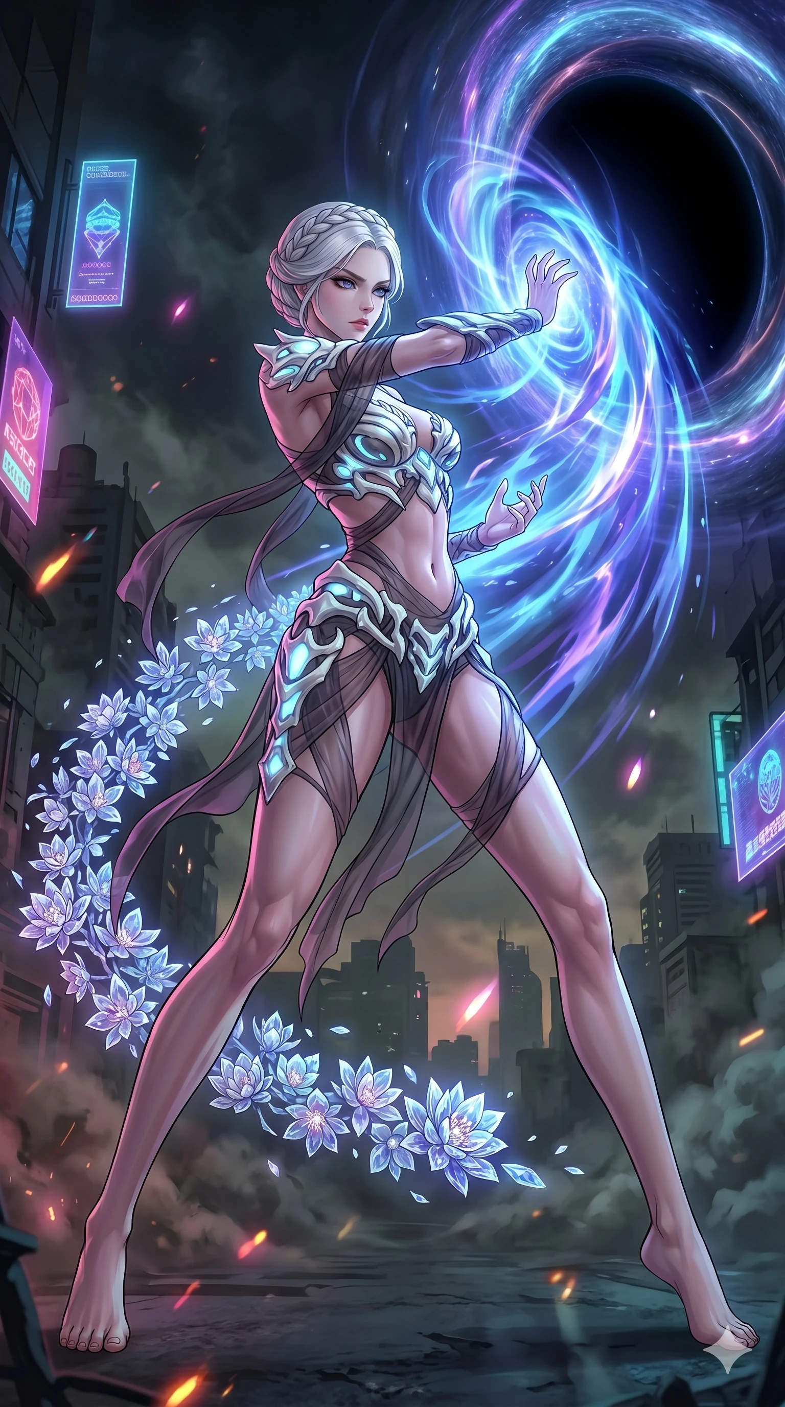 score_9, masterpiece, best quality, ultra-detailed, Set A: High-budget Anime Keyframe, Korean woman. Low angle cowboy shot filling the entire 9:16 frame with her statuesque presence. Theme: Urban Decay. unleashing a massive energy wave in the edge of a black hole, while she leaves a trail of 76 blooming crystal flowers. The atmosphere is filled with heavy smog with neon flares. She has an absolutely perfect 8-heads proportion, an exceptionally tall and slender female figure with impossibly long slender legs and an ultra-slim waist. Sharp v-shaped jawline, high-bridge nose, intricate jewel-like eyes with depth, glossy lips. Wearing Primal jungle-warrior outfit with bioluminescent bone-armor and sheer silk wraps. Cinematic lighting, vivid colors, dramatic shadows, 2k, ultra detail, master piece, 9:16 ratio