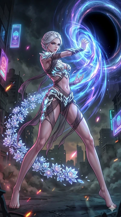 score_9, masterpiece, best quality, ultra-detailed, Set A: High-budget Anime Keyframe, Korean woman. Low angle cowboy shot filling the entire 9:16 frame with her statuesque presence. Theme: Urban Decay. unleashing a massive energy wave in the edge of