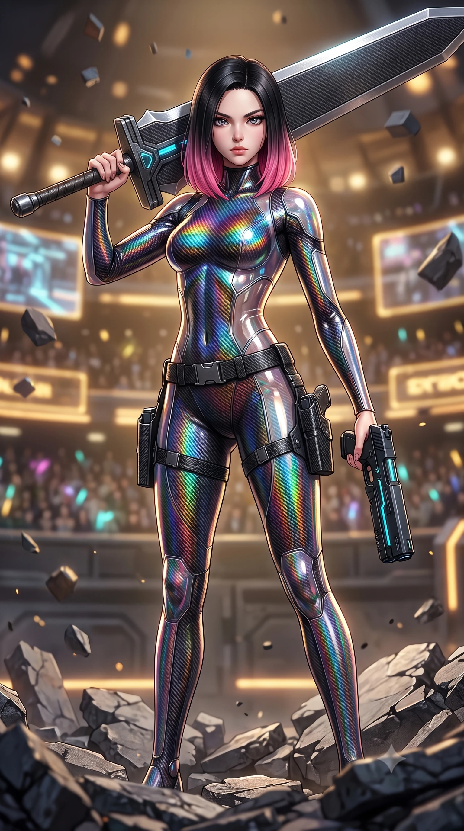 score_9, masterpiece, best quality, ultra-detailed, high-budget anime keyframe, semi-realistic 3D game render, editorial fashion photography, tasteful artistic composition, Korean woman. close-up cowboy shot from the waist and thighs up, the character dominates the composition, filling the frame with her large presence. twisting her upper body in a dynamic S-curve combat stance, one hand steadying her weapon with commanding supermodel allure while standing victorious on the shattered rubble of a cybernetic colosseum arena with a massive carbon greatsword resting on her shoulder. The composition keeps background elements in soft focus with creamy bokeh. holographic colosseum spectator stands and floating debris blurred into rich amber, gold, and charcoal bokeh. She has an exceptionally elegant, slender, and willowy female figure with an ultra-slim waist, a gracefully sculpted slender torso, toned flat midriff, and a refined slim silhouette. sharp v-shaped jawline, high-bridge nose, intricate jewel-like eyes with depth, thick eyelashes, glossy lips with a natural sheen, flawlessly proportioned anatomical accuracy, strict slender model proportions, natural body alignment, perfectly sculpted long slender limbs, ultra-slim waistline, clean dynamic posture without body distortion. wearing a high-gloss iridescent rainbow carbon-weave bodysuit with translucent cybernetic panels, brandishing dual sleek chrome particle beam pistols in a dynamic combat stance in matte obsidian carbon black with electric cyan conduits, made of liquid carbon-jersey fabric adhering flawlessly to her sculpted silhouette, detailed with magnetic weapon holsters and polished chrome connection clasps, the liquid-tight tailored fabric emphasizing every curve of her tall, slender model proportions and sculptured silhouette during dynamic movement. surrounded by an invincible, royal, and fiercely captivating cyber-gladiator empress aura. rich saturated anime colors with glowing neon highlights, detailed shading with soft gradients, rich glossy textures, high-contrast stereoscopic depth, volumetric dynamic lighting, master piece, 9:16 ratio