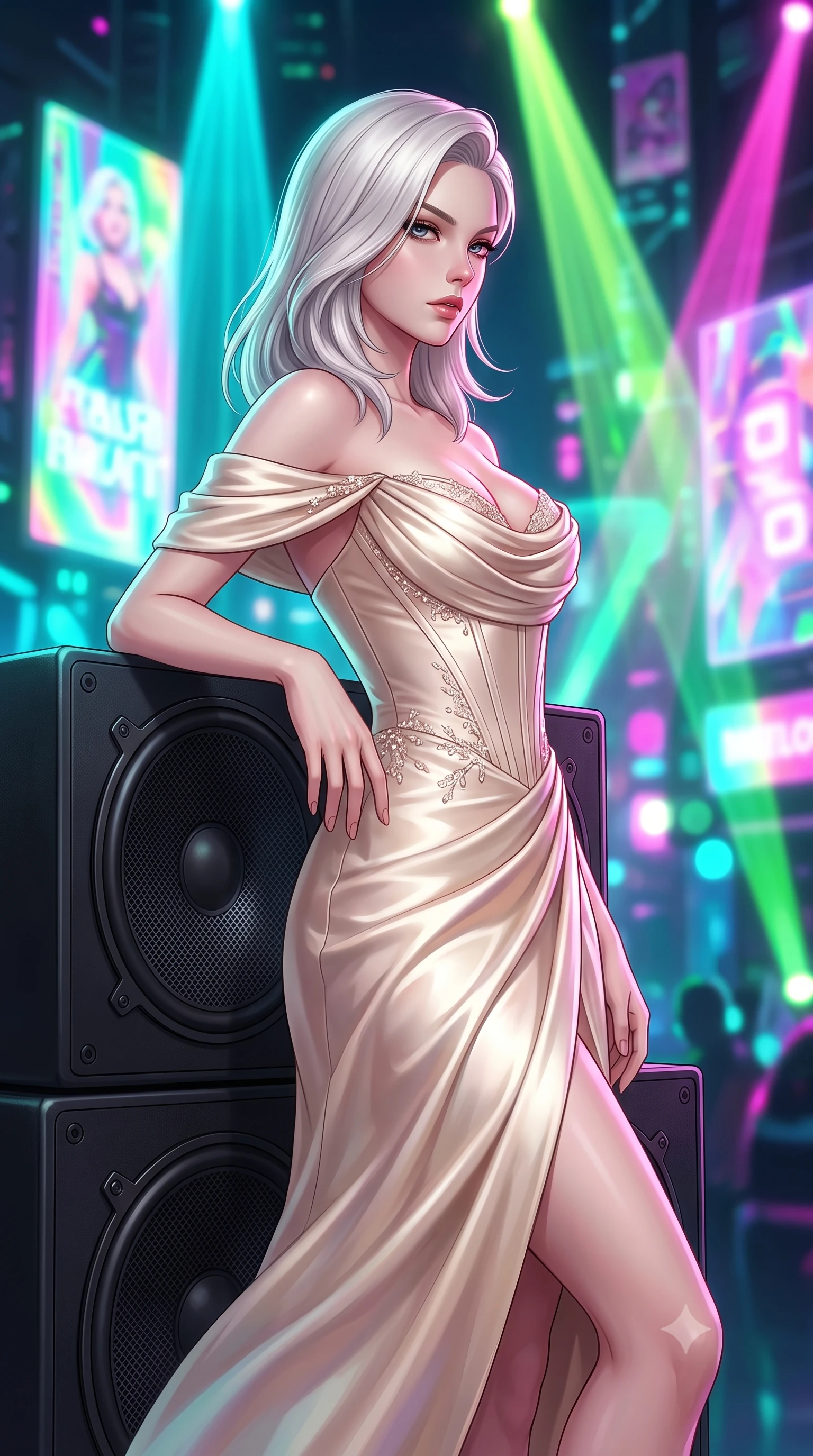 score_9, masterpiece, best quality, ultra-detailed, high-budget anime keyframe, semi-realistic 3D game render, editorial fashion photography, tasteful artistic composition, Caucasian woman. close-up cowboy shot from the waist and thighs up, the character dominates the composition, filling the frame with her large presence. turning over her shoulder with an indomitable, smoldering gaze, her soft hair framing her razor-sharp v-shaped jawline while leaning against a heavy subwoofer speaker stack with confident Y2K attitude and flawless vertical posture. The composition keeps background elements in soft focus with creamy bokeh. giant holographic neon advertisements and sweeping laser light cones blurred into electric turquoise, lime, and fuchsia bokeh. She has an exceptionally elegant, slender, and willowy female figure with an ultra-slim waist, a gracefully sculpted slender torso, toned flat midriff, and a refined slim silhouette. sharp v-shaped jawline, high-bridge nose, intricate jewel-like eyes with depth, thick eyelashes, glossy lips with a natural sheen, captivating and magnetic expression, flawlessly proportioned anatomical accuracy, strict slender model proportions, natural body alignment, perfectly sculpted long slender limbs, ultra-slim waistline, clean dynamic posture without body distortion. wearing a statuesque off-shoulder champagne satin gala dress featuring a thigh-high side slit and draped corset bodice in champagne ivory and rose gold, tailored from ultra-smooth duchess satin with a pearlescent sheen, finished with delicate crystal embroidery along the neckline and hem edition #31, the breezy yet form-flattering drape swaying gracefully with her steps, accentuating her long willowy limbs and slim waistline. bathed in flashing RGB strobe lights and glowing holographic billboard backlighting. highly saturated vibrant anime colors, detailed shading with soft gradients, rich glossy textures, high-contrast stereoscopic depth, volumetric dynamic lighting, master piece, 9:16 ratio