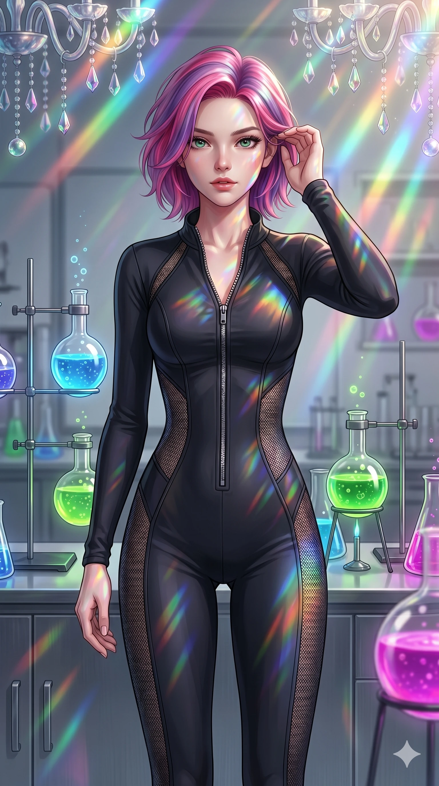 score_9, masterpiece, best quality, ultra-detailed, high-budget anime keyframe, editorial fashion photography, tasteful artistic composition, Caucasian woman, strictly human ears. cowboy shot from the thighs up, character and outfit filling the frame for maximum editorial presence. Lifting one hand to gently tuck hair behind her ear mid-frame inside a laboratory of glass flasks containing bubbling liquids of various neon colors. She has an absolutely perfect 8-heads proportion, an exceptionally tall and slender female figure with impossibly long slender legs and an ultra-slim waist. V-shaped jawline, high-bridge nose, intricate jewel-like eyes with depth, thick eyelashes, glossy lips with a natural sheen. wearing a long-sleeve black activewear jumpsuit with a front zip and semi-opaque mesh panels along the torso and thighs. illuminated by cascading rainbow prismatic light refracting through crystal overhead and casting patterns on her skin. 2k, ultra detail, master piece, 9:16 ratio