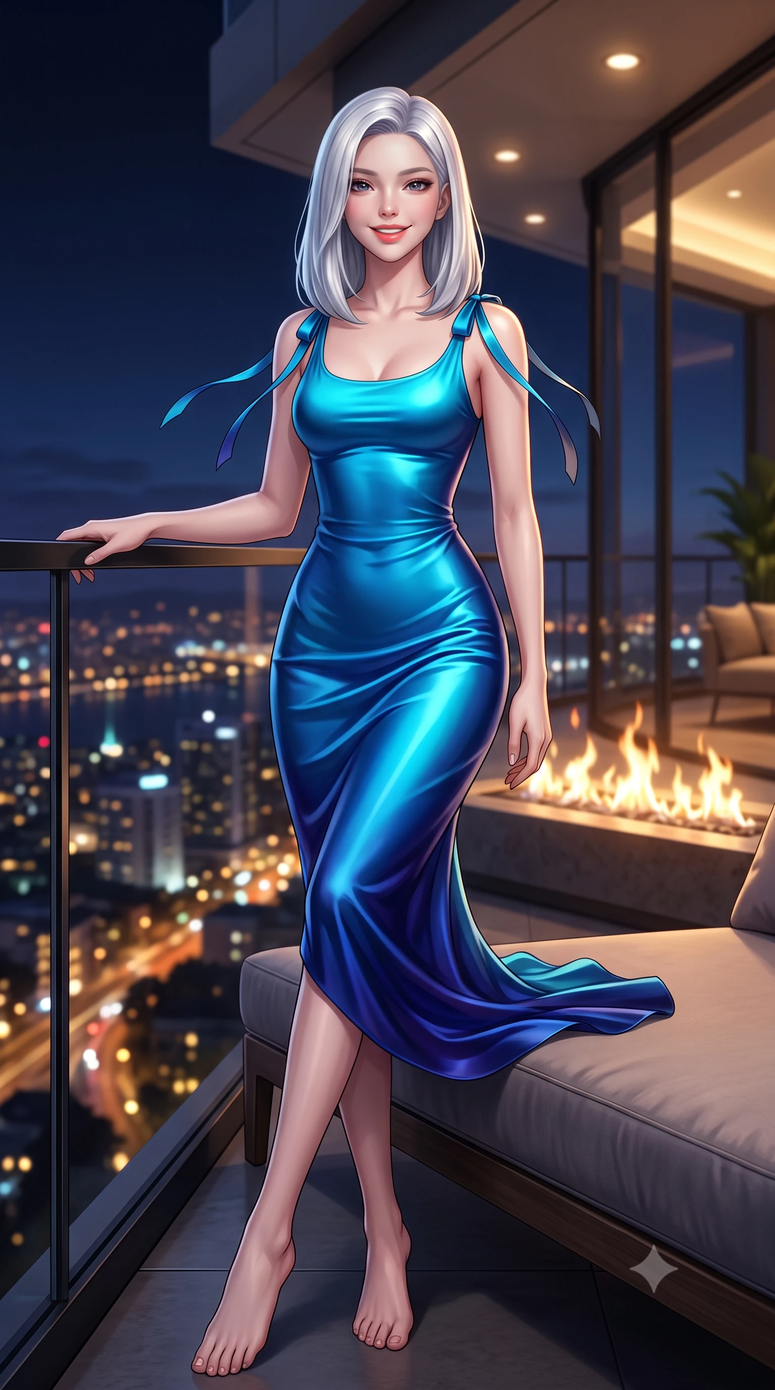 score_9, masterpiece, best quality, ultra-detailed, high-budget anime keyframe, semi-realistic 3D game render, editorial fashion photography, tasteful artistic composition, Korean woman. low angle full-body shot from head to toe showing her feet, filling the entire 9:16 vertical frame with her statuesque presence, stretching her vertical silhouette. reclining gracefully across the plush chaise lounge with one leg extended, her sculpted silhouette and flat midriff radiating magnetic nocturnal glamour while leaning against the sleek blackened titanium balustrade with hips cocked back, casting an alluring bedroom-gaze over the pulsing metropolis. The background shows a soft-focus linear deck fire pit flames softened in billionaire hillside mansion shallow focus. She has an exceptionally tall and slender model-like 8.5-heads proportion, an ultra-slim waist, a flat toned midriff, narrow delicate ribcage, and beautifully sculpted feminine hips creating a graceful, slim hourglass silhouette without any bulky heaviness, with impossibly long slender legs. sharp v-shaped jawline, high-bridge nose, intricate jewel-like sparkling eyes with depth, thick eyelashes, glossy parted lips with a natural peach sheen, bright cheerful beaming smile with an enchanting and coquettish sensual glint, exuding both youthful cute charm and seductive allure, flawlessly proportioned anatomical accuracy, strict slender model proportions, natural body alignment, perfectly sculpted long slender limbs, ultra-slim waistline, clean dynamic posture without body distortion. wearing a glove-like stretch modal tank dress adhering tightly to her flat midriff and feminine hips in Singapore Marina Bay electric cyan and midnight sapphire, crafted from fluid liquid silk satin that clings smoothly to her narrow waist and rounded hips with a dewy sheen, finished with satin ribbon ties at the shoulders fluttering in the gentle breeze, the liquid-tight tailored fabric clinging flawlessly to her narrow waist and rounded feminine hips, emphasizing every millimeter of her sculpted slim hourglass curves without any bulky heaviness. bathed in the dramatic contrast of golden city lights below and dim 2800K recessed interior cove downlights. highly saturated vibrant anime colors, detailed shading with soft gradients, rich glossy textures, high-contrast stereoscopic depth, volumetric dynamic lighting, master piece, 9:16 ratio