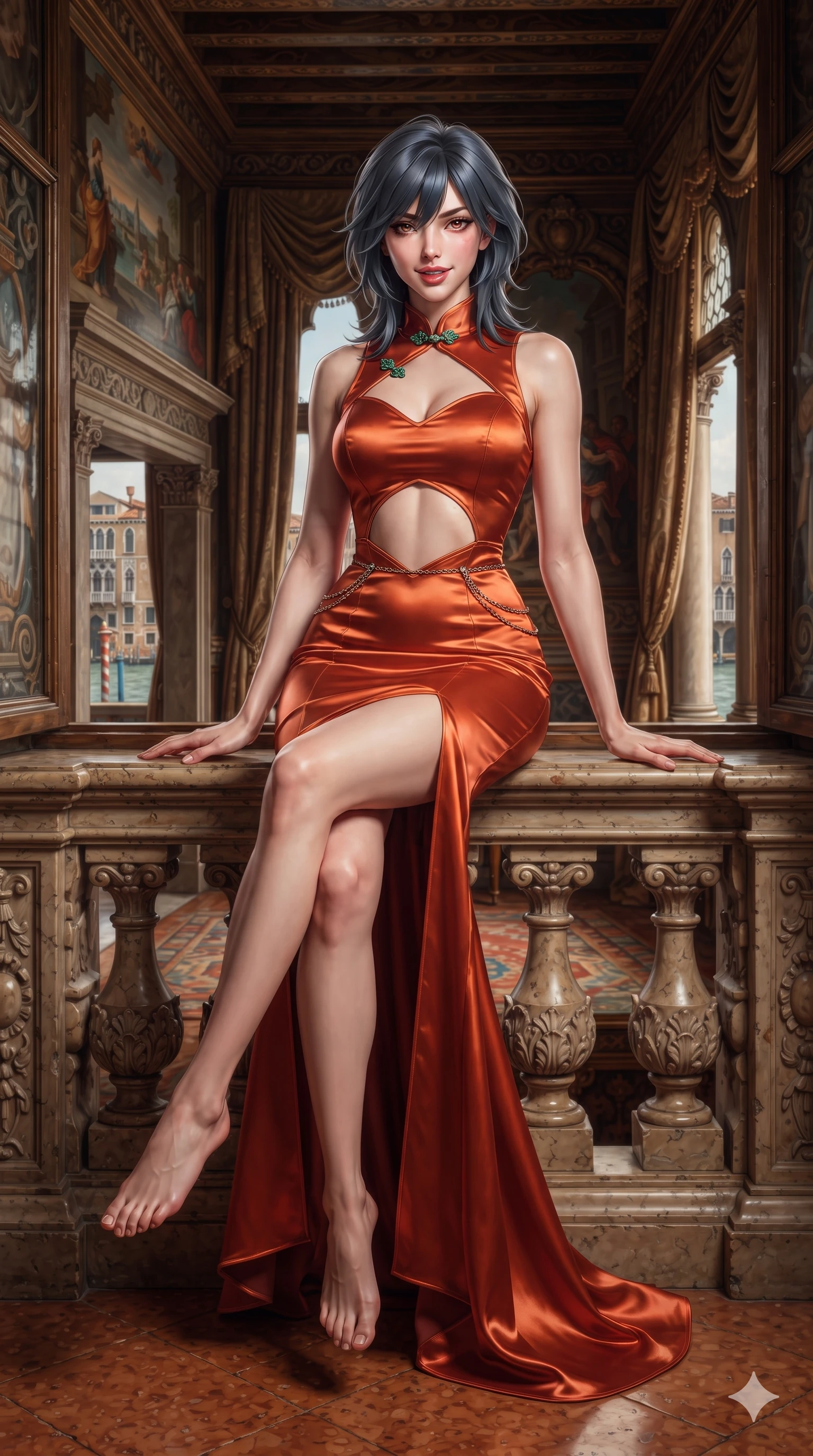 score_9, masterpiece, best quality, ultra-detailed, high-budget anime keyframe, editorial fashion photography, tasteful artistic composition, Caucasian woman. low angle full-body shot from head to toe showing her feet, filling the entire 9:16 vertical frame with her statuesque presence, stretching her vertical silhouette. stepping slowly toward the camera with hypnotic grace, hips swaying in an alluring sensual rhythm that accentuates her curvy hourglass silhouette and long slender legs while sitting gracefully on the antique stone windowsill with legs crossed, flashing an enchanting smile with parted glossy lips. The surrounding environment is rendered in vivid detail and crisp panoramic clarity: detailed liquid-satin evening dress tailoring, delicate chain belts, and historic Venetian palace interiors in high resolution. She has an exceptionally tall and slender model-like 8.5-heads proportion, an ultra-slim waist, a flat toned midriff, narrow delicate ribcage, and beautifully sculpted feminine hips creating a graceful, slim hourglass silhouette without any bulky heaviness, with impossibly long slender legs. sharp v-shaped jawline, high-bridge nose, intricate jewel-like sparkling eyes with depth, thick eyelashes, glossy parted lips with a natural sheen, intensely captivating and seductive bedroom-eyes expression, exuding both youthful cute charm and sovereign luxury allure, flawlessly proportioned anatomical accuracy, strict slender model proportions, natural body alignment, perfectly sculpted long slender limbs, ultra-slim waistline, clean dynamic posture without body distortion. wearing a sculptured liquid-satin mermaid gown with an architectural open-waist cutout and bare spine in imperial vermilion silk and warm bronze, tailored from smooth liquid silk satin that clings smoothly to her narrow waist and rounded hips with a dewy sheen, finished with sleek jade frog closures glinting along her high collar, the bespoke structured tailoring following the natural line of her 8.5-heads silhouette with refined elegance. illuminated by terracotta floor bounce and sharp champagne-gold rim lights defining her razor-sharp jawline, narrow waist, and curvy hips. ultra-reflective glossy finish, specular highlights, rich textural contrasts, high-contrast stereoscopic depth, volumetric dynamic lighting, 2k, ultra detail, master piece, 9:16 ratio