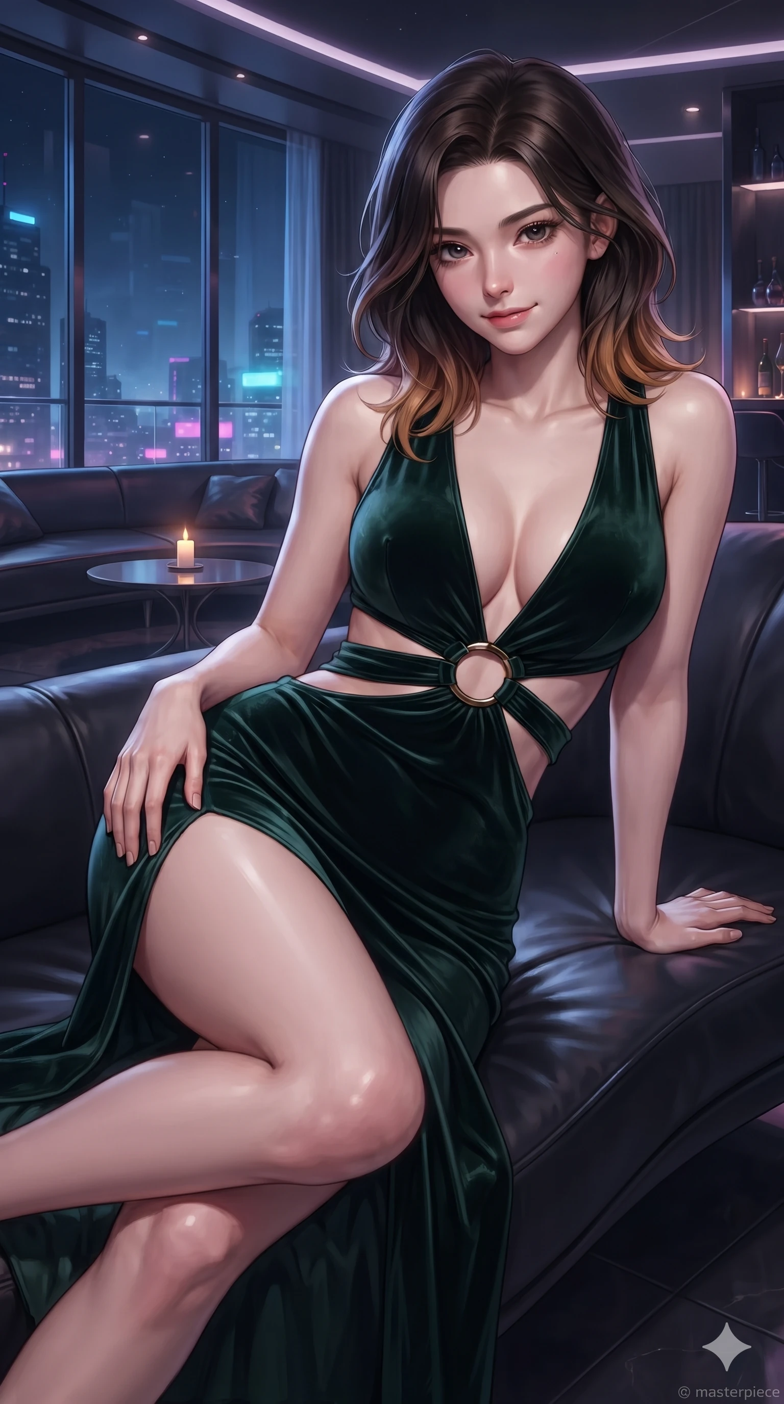 score_9, masterpiece, best quality, ultra-detailed, high-budget anime keyframe, editorial fashion photography, tasteful artistic composition, Korean woman. close-up cowboy shot from the waist and thighs up, the character dominates the composition, filling the frame with her large presence. tilting her head with a teasing half-smile, running one hand slowly down the side of her hip in a flirtatious S-curve as ambient neon caresses her silhouette while reclining on the sleek curved leather lounge beside the panoramic window, one knee drawn up to showcase her slender leg line. The surrounding environment is rendered in vivid detail and crisp panoramic clarity: detailed liquid lamé slip dress cling, hip-high side slit, and monumentally sleek interior architecture in razor-sharp precision. She has an exceptionally elegant, slender, and willowy female figure with an ultra-slim waist, flat toned midriff, narrow ribcage, and sculpted feminine hips creating an alluring, slim hourglass silhouette without bulk. sharp v-shaped jawline, high-bridge nose, intricate jewel-like dark sparkling eyes with dangerous depth, thick curled eyelashes, glossy parted lips with a rich wine sheen, smoldering seductive half-smile with bedroom-eyes, exuding effortless superiority and intoxicating dark allure, flawlessly proportioned anatomical accuracy, strict slender model proportions, natural body alignment, perfectly sculpted long slender limbs, ultra-slim waistline, clean dynamic posture without body distortion. wearing a slinky deep-V liquid jersey cocktail dress with waist cutout accentuating her hourglass curves in deep velvet forest green and antique brass, tailored from crushed dark velvet with deep light-absorbing plush texture, accented with sculptural chrome hardware rings framing the subtle cutouts, the liquid-tight tailored fabric clinging flawlessly to her narrow waist and rounded feminine hips, emphasizing every millimeter of her sculpted slim hourglass curves without any bulky heaviness. bathed in the romantic, dim ambient lounge lighting punctuated by subtle cocktail table candlelight. ultra-reflective glossy finish, specular highlights, rich textural contrasts, high-contrast stereoscopic depth, volumetric dynamic lighting, 2k, ultra detail, master piece, 9:16 ratio