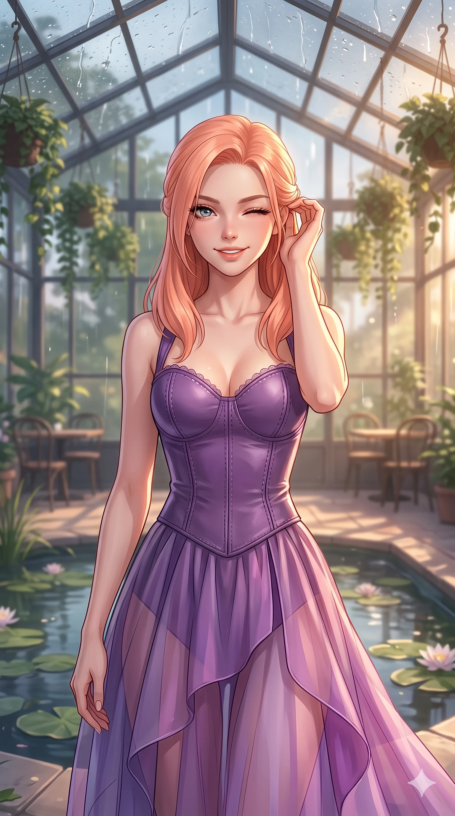 score_9, masterpiece, best quality, ultra-detailed, high-budget anime keyframe, vibrant anime aesthetic, Japanese woman. close-up cowboy shot from the waist and thighs up, the character dominates the composition, filling the frame with her large presence, background elements kept in soft focus. She is smiling delightfully while tucking a lock of hair behind her ear, gazing at the camera with sparkling eyes with a captivating and confident presence. the background shows a soft-focus spacious greenhouse cafe filled with hanging plants, where rain drums softly on the glass roof panels (Code-P22-166). She has an absolutely perfect proportion, an exceptionally elegant and slender female figure with an ultra-slim waist. V-shaped jawline, high-bridge nose, intricate jewel-like eyes with depth, thick eyelashes, glossy lips with a natural sheen. wearing a structured leather bodice featuring a sweetheart neckline and a translucent skirt in amethyst purple and silk overlays. She is bathed in soft, glowing golden hour sun casting long, elegant shadows, highlighting her winking face and glossy lips by the quiet garden pond. 2k, ultra detail, master piece, 9:16 ratio