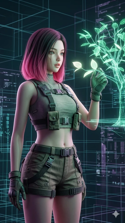 score_9, masterpiece, best quality, ultra-detailed, high-budget anime keyframe, semi-realistic 3D game render, Korean woman. Upper body close-up from the thighs up, character filling the screen for maximum presence. Inside a digital void, next to a f
