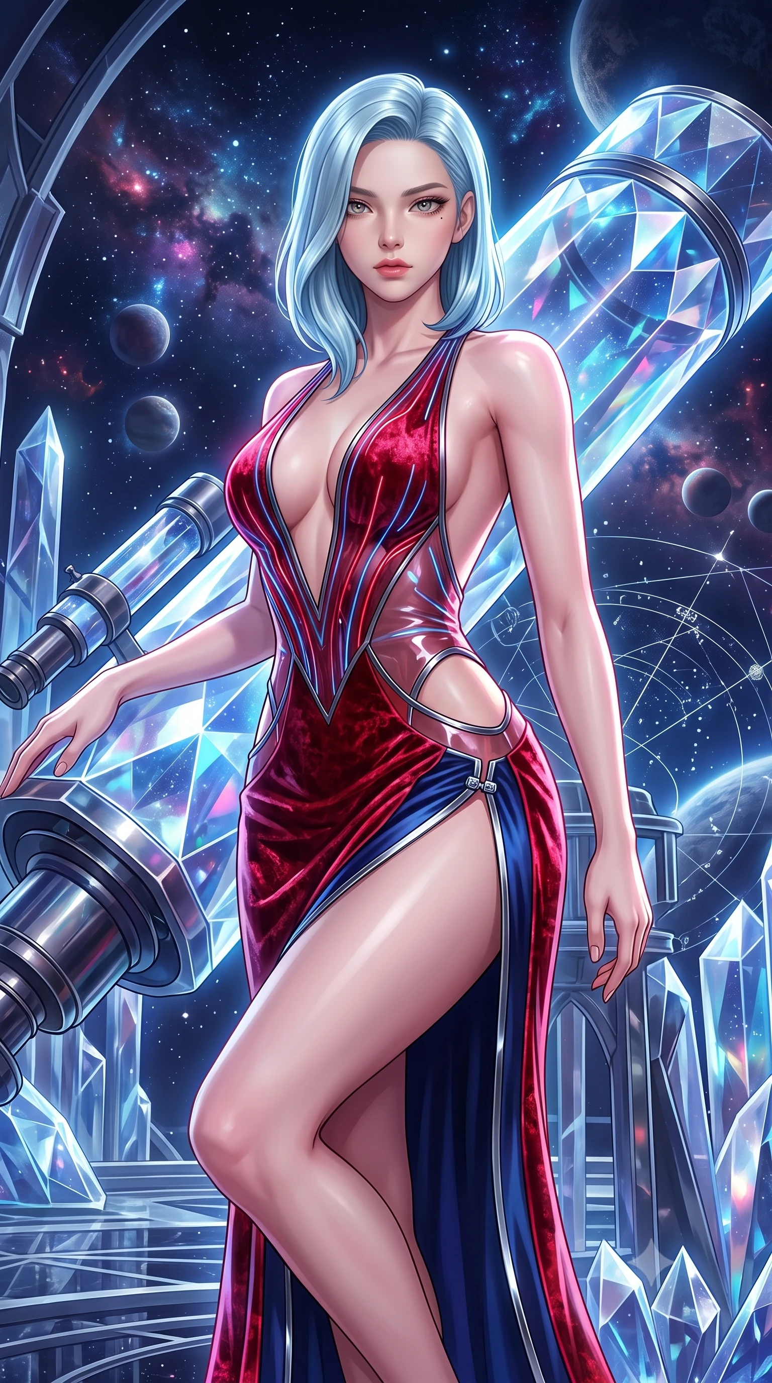 score_9, masterpiece, best quality, ultra-detailed, high-budget anime keyframe, semi-realistic 3D game render, editorial fashion photography, tasteful artistic composition, Korean woman. close-up cowboy shot from the waist and thighs up, the character dominates the composition, filling the frame with her large presence. gazing directly into the lens with bedroom eyes and a breathtaking, dangerous allure that commands the entire composition while leaning against a giant diamond prism telescope with an alluring, celestial gaze looking directly into the camera. The surrounding environment is rendered in vivid detail and crisp panoramic clarity. dramatic space chiaroscuro and transcendent cosmic architecture rendered in panoramic precision. She has an exceptionally elegant, slender, and willowy female figure with an ultra-slim waist, a gracefully sculpted slender torso, toned flat midriff, and a refined slim silhouette. sharp v-shaped jawline, high-bridge nose, intricate jewel-like eyes with depth, thick eyelashes, glossy lips with a natural sheen, flawlessly proportioned anatomical accuracy, strict slender model proportions, natural body alignment, perfectly sculpted long slender limbs, ultra-slim waistline, clean dynamic posture without body distortion. wearing a backless crimson crushed velvet gown with a deep plunging V-neckline, strategic hip cutouts, and an ultra-high thigh slit in deep royal navy blue and specular chrome, tailored from semi-translucent cybernetic vinyl with glowing micro-filaments, finished with an ultra-high side slit secured by miniature magnetic clasps, the liquid-tight tailored fabric emphasizing every curve of her tall, slender model proportions and sculptured silhouette during dynamic movement. surrounded by an awe-inspiring, divine, and radiantly sensual cosmic goddess aura. highly saturated vibrant anime colors, detailed shading with soft gradients, rich glossy textures, high-contrast stereoscopic depth, volumetric dynamic lighting, master piece, 9:16 ratio
