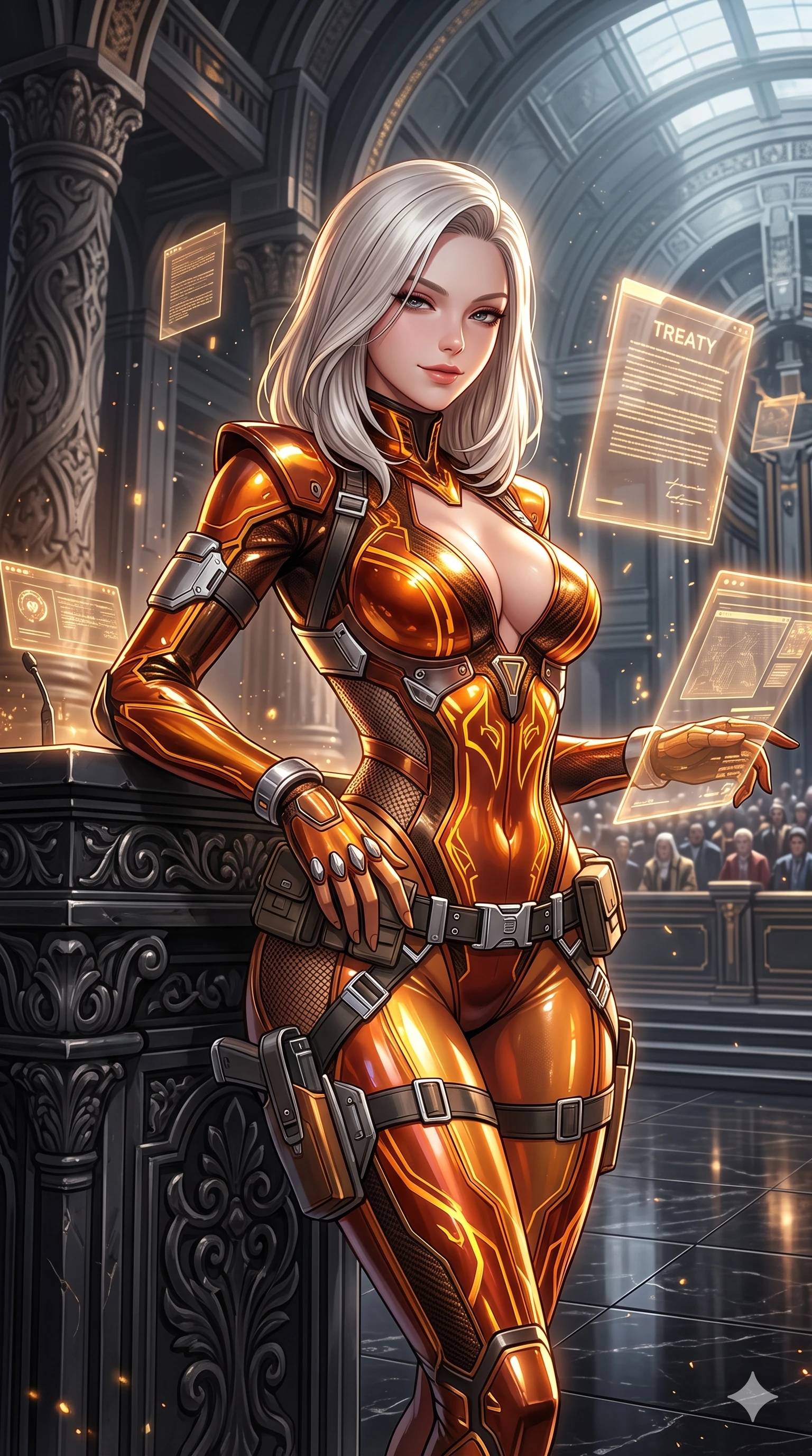 score_9, masterpiece, best quality, ultra-detailed, high-budget anime keyframe, semi-realistic 3D game render, editorial fashion photography, tasteful artistic composition, Caucasian woman. close-up cowboy shot from the waist and thighs up, the character dominates the composition, filling the frame with her large presence. resting both hands lightly on her tactical utility belt, arching her spine to highlight her narrow waist, flat midriff, and breathtaking collarbones while leaning against the carved black stone rostrum with hips cocked back, looking through floating luminous treaty documents with heavy-lidded seductive eyes. The surrounding environment is rendered in vivid detail and crisp panoramic clarity: intricate high-collar pilot suit tailoring, structured shoulder lines, and imperial senate architecture in razor-sharp clarity. She has an exceptionally elegant, slender, and willowy female figure with an ultra-slim waist, flat toned midriff, narrow ribcage, and sculpted feminine hips creating an alluring, slim hourglass silhouette without bulk. sharp v-shaped jawline, high-bridge nose, intricate jewel-like sparkling eyes with depth, thick eyelashes, glossy parted lips with a natural sheen, bright confident smile with an enchanting and coquettish sensual glint, exuding both youthful magnetic charm and sovereign high-tech allure, flawlessly proportioned anatomical accuracy, strict slender model proportions, natural body alignment, perfectly sculpted long slender limbs, ultra-slim waistline, clean dynamic posture without body distortion. wearing a glossy vinyl and carbon-fiber hybrid bodysuit with a plunging neckline and high-cut leg openings in fiery geothermal copper and molten amber glow, featuring strategic sheer-illusion tulle side panels framing her ribcage and hips, finished with sharp laser-cut side ventilation slits framed by silver hardware rings, the precision-cut side openings and low-back scoop framing her graceful spine and the sensual sweep of her slim, toned hips. illuminated by black granite floor reflections and sharp gold-platinum rim lights carving her sculpted collarbones, ultra-slim waist, and curvy hips. highly saturated vibrant anime colors, detailed shading with soft gradients, rich glossy textures, high-contrast stereoscopic depth, volumetric dynamic lighting, master piece, 9:16 ratio
