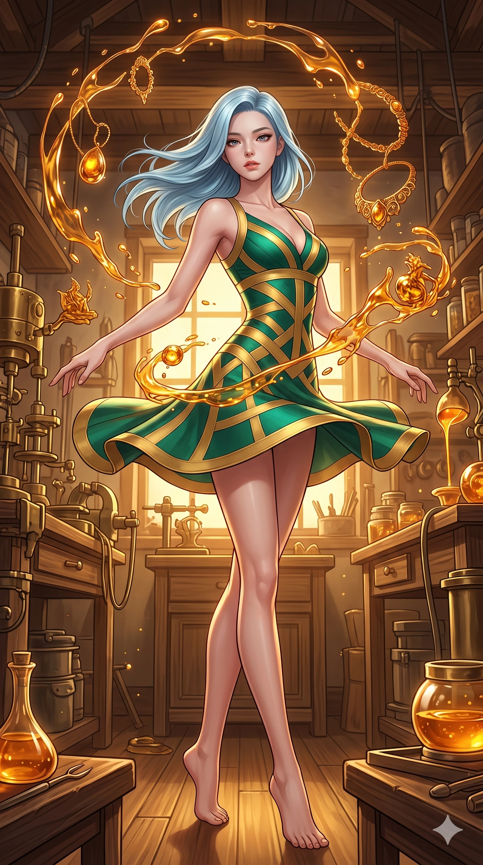 score_9, masterpiece, best quality, ultra-detailed, high-budget anime keyframe, editorial fashion photography, tasteful artistic composition, Korean woman. low angle full-body shot from head to toe showing her feet, filling the entire 9:16 vertical frame with her statuesque presence, stretching her vertical silhouette. twirling with balletic elegance inside an artisan workshop where liquid amber is shaped mid-air by invisible hands into intricate jewelry and miniature sculptures each piece trapping golden light within its translucent honey-colored form. She has a statuesque 8.5-heads proportion, an exceptionally tall, slender and willowy model-like build with impossibly long legs and a highly sculpted ultra-slim waist. sharp v-shaped jawline, high-bridge nose, intricate jewel-like eyes with depth, thick eyelashes, glossy lips with a natural sheen. wearing a precision-cut bandage dress in a striking emerald and gold pattern, contouring and highlighting her slender hourglass waist. rich warm amber light emanating from the molten material itself with golden honey-toned illumination filling the workshop and catching on brass tools and wooden surfaces. 2k, ultra detail, master piece, 9:16 ratio