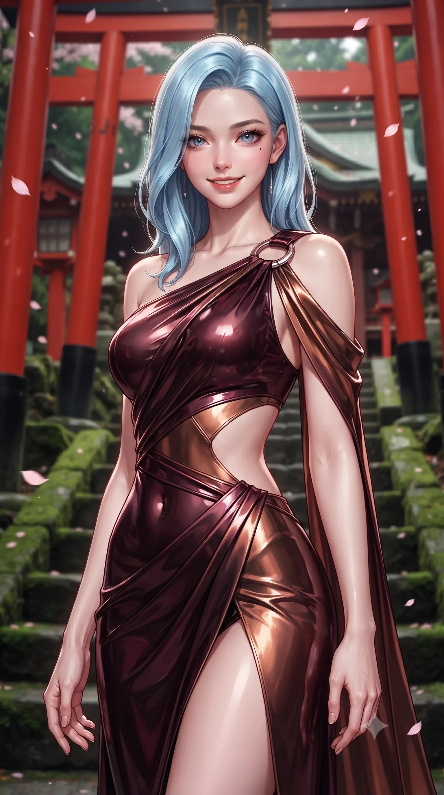 score_9, masterpiece, best quality, ultra-detailed, high-budget anime keyframe, editorial fashion photography, tasteful artistic composition, Korean woman. close-up cowboy shot from the waist and thighs up, the character dominates the composition, filling the frame with her large presence, background elements kept in soft focus. Smiling with quiet, magnetic self-assurance directly into the lens poised on the steps of a traditional wooden shrine surrounded by floating sakura, vivid red vermilion torii gates contrasting with deep green moss stone. She has an exceptionally elegant, slender, and willowy female figure with an ultra-slim waist, a gracefully sculpted slender torso, and a refined silhouette. sharp v-shaped jawline, high-bridge nose, intricate jewel-like eyes with depth, thick eyelashes, glossy lips with a natural sheen. wearing an asymmetrical Grecian draped chiffon gown with a metallic shoulder ring in deep burgundy and bronze, tailored from high-gloss patent leather, featuring clean architectural cutouts along her slender torso, the form-contouring material highlighting her ultra-slim waist and long lines. surrounded by a tranquil, spiritual aura with rich red and green contrast. ultra-reflective glossy finish, specular highlights, metallic sheen, high-contrast stereoscopic depth, volumetric dynamic lighting, 2k, ultra detail, master piece, 9:16 ratio