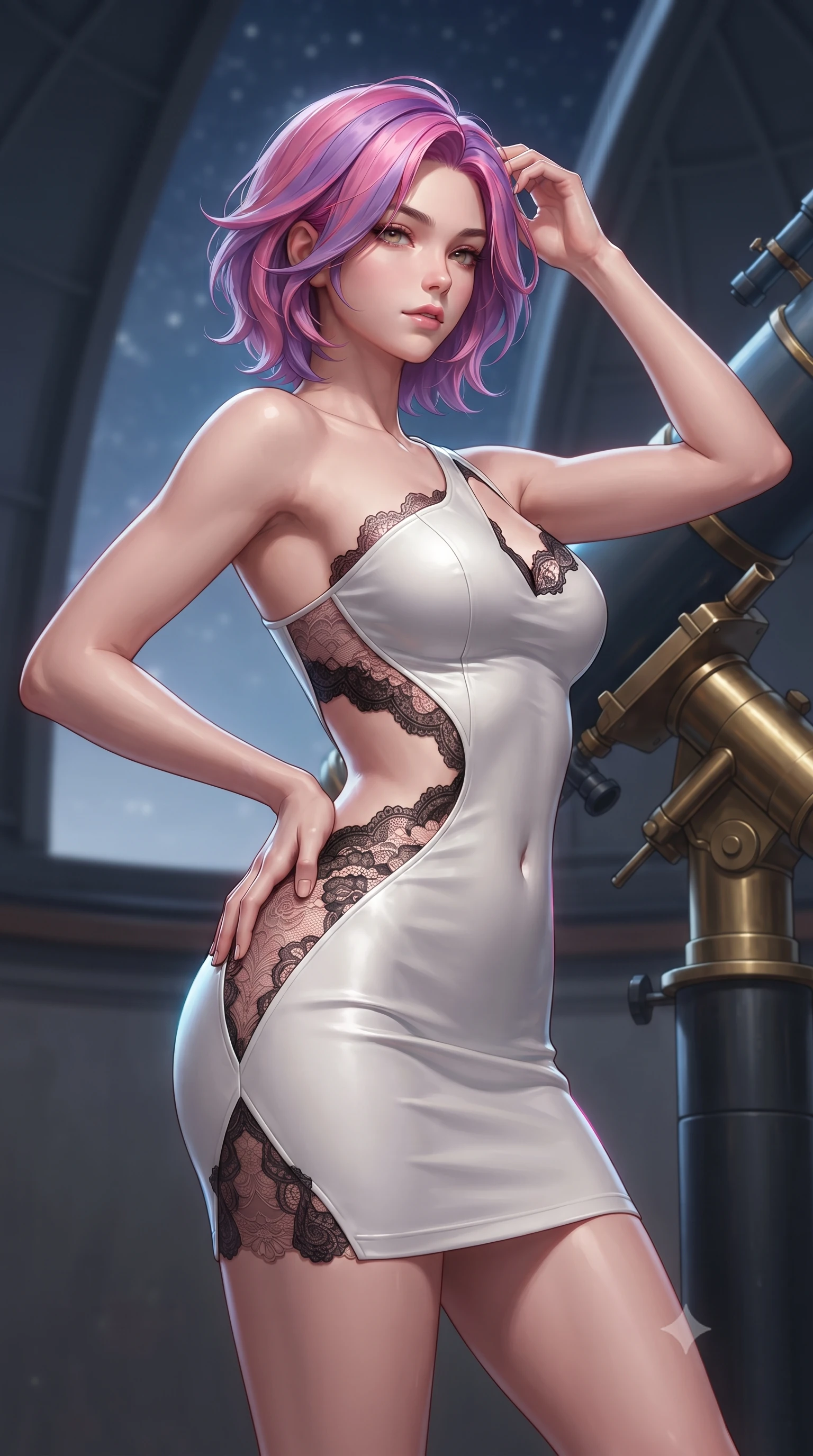 score_9, masterpiece, best quality, ultra-detailed, high-budget anime keyframe, editorial fashion photography, tasteful artistic composition, Caucasian woman. close-up cowboy shot from the waist and thighs up, the character dominates the composition, filling the frame with her large presence. twisting her slender torso in an alluring contrapposto stance, one hand resting on her sculpted hip while her fingers toy with her hair with effortless poise while leaning against the brass telescope mounting with hips cocked back, looking back with an intoxicating, heavy-lidded gaze. The background shows a soft-focus dome slit mechanism softened in mystical high-altitude shallow focus. She has an exceptionally elegant, slender, and willowy female figure with an ultra-slim waist, flat toned midriff, narrow ribcage, and sculpted feminine hips creating an alluring, slim hourglass silhouette without bulk. sharp v-shaped jawline, high-bridge nose, sparkling eyes with hypnotic seductive depth, thick curled eyelashes, glossy parted lips with a natural dewy peach sheen, alluring bedroom-eyes with an enchanting coquettish smile, exuding magnetic siren charisma and sophisticated glamour, flawlessly proportioned anatomical accuracy, strict slender model proportions, natural body alignment, perfectly sculpted long slender limbs, ultra-slim waistline, clean dynamic posture without body distortion. wearing an asymmetric one-shoulder white neoprene mini dress with sharp laser-cut side openings framing her spine and hips in dusky blush rose and antique black lace, crafted from fluid liquid silk satin that clings smoothly to every curve with a dewy sheen, finished with scalloped eyelash lace trim framing her sweetheart neckline with intimate elegance, the second-skin tailored fabric adhering flawlessly to her sculpted flat midriff and slender torso, emphasizing her long leg lines and perfectly proportioned willowy build. illuminated by brass tube specular highlights and sharp cyan-magenta rim lights defining her delicate clavicles, ultra-slim waist, and curvy hips. ultra-reflective glossy finish, specular highlights, rich textural contrasts, high-contrast stereoscopic depth, volumetric dynamic lighting, 2k, ultra detail, master piece, 9:16 ratio