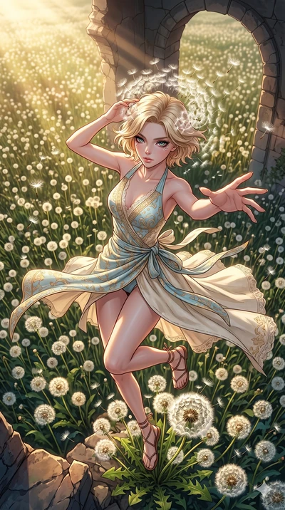 score_9, masterpiece, best quality, ultra-detailed, high-budget anime movie keyframe, cinematic anime lighting, intricate line art, Korean woman. Extreme high angle shot as she leaps towards the camera, filling the frame. collapsing in a field of dan