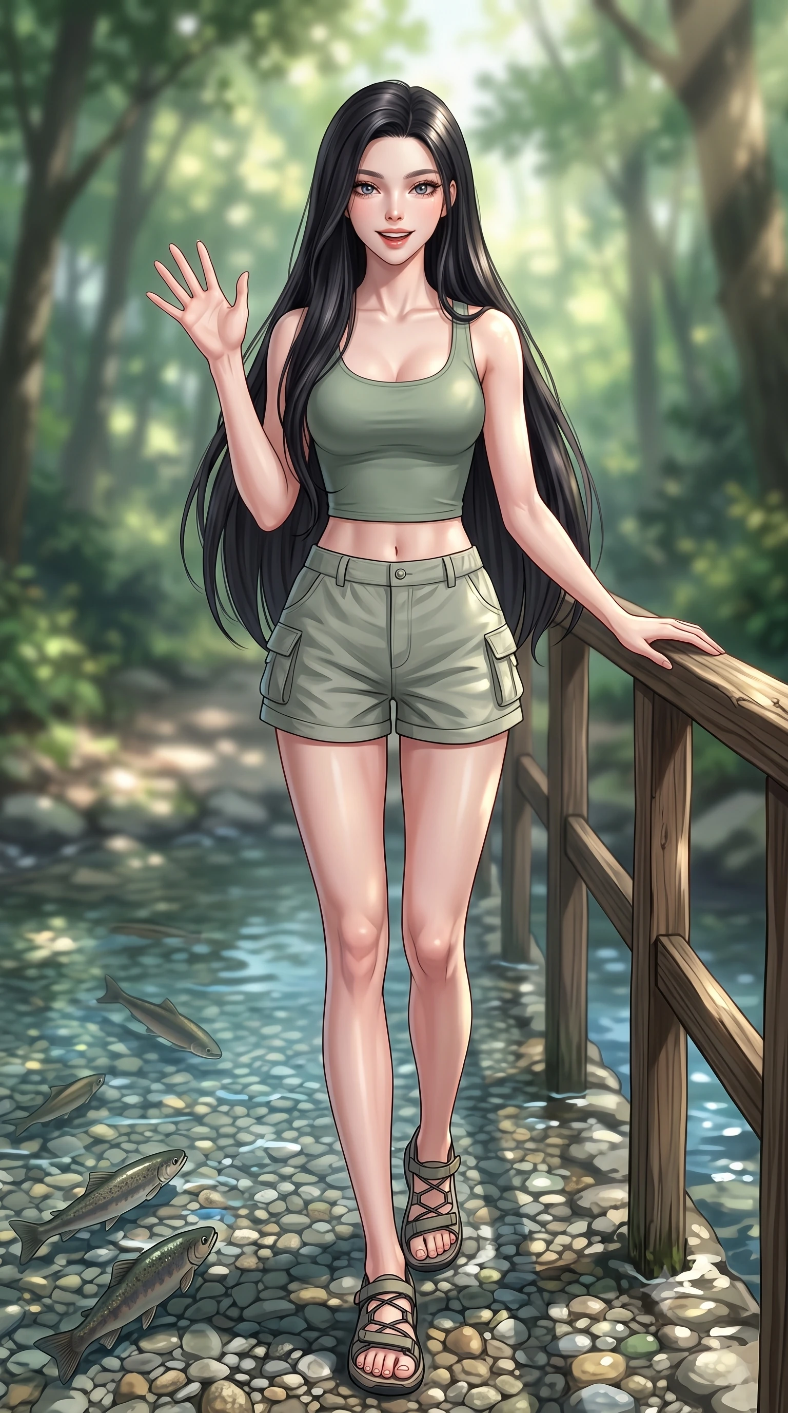 score_9, masterpiece, best quality, ultra-detailed, high-budget anime keyframe, editorial fashion photography, tasteful artistic composition, Korean woman. low angle full-body shot from head to toe showing her feet, filling the entire 9:16 vertical frame with her statuesque presence, stretching her vertical silhouette. stepping forward with a bright, cheerful smile, waving happily at the viewer set against a soft-focus background of next to a rocky creek with clear mountain water running over pebbles resting her hand on the wooden bridge railing, looking down at the fish. She has an absolutely perfect, statuesque 8.5-heads proportion, an exceptionally tall and slender model-like female figure with impossibly long slender legs and an ultra-slim waist. sharp v-shaped jawline, high-bridge nose, intricate jewel-like eyes with depth, thick eyelashes, glossy lips with a natural sheen. wearing slim-fit stylish crop top in sage green, paired with lightweight cargo shorts. dappled sunbeams filtering through the dense green forest canopy. highly saturated vibrant anime colors, detailed shading with soft gradients, rich glossy textures, high-contrast stereoscopic depth, volumetric dynamic lighting, master piece, 9:16 ratio