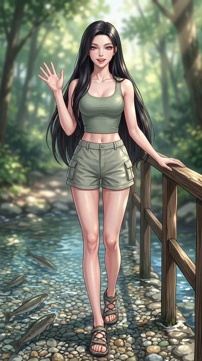 score_9, masterpiece, best quality, ultra-detailed, high-budget anime keyframe, editorial fashion photography, tasteful artistic composition, Korean woman. low angle full-body shot from head to toe showing her feet, filling the entire 9:16 vertical f
