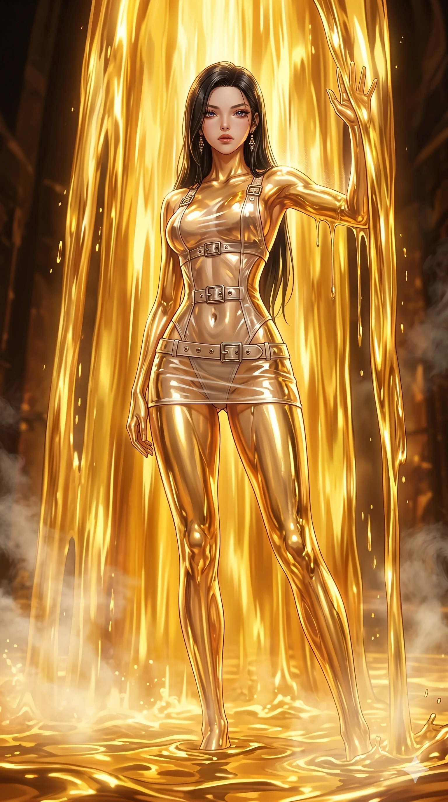 score_9, masterpiece, best quality, ultra-detailed, High-budget Anime Keyframe, East Asian woman. Low angle cowboy shot filling the entire 9:16 frame with her statuesque presence. Scenario 99: Standing under a waterfall of liquid gold, the fluid coating her form. Her presence is magnetic and overpowering in this high-budget anime scene. Outfit 99: A translucent PVC sheer with a backless design and metallic buckles. The clothing is designed to emphasize her exceptionally tall and slender 8-heads proportion. 8-heads proportion, towering silhouette, ultra-slim waist. sharp v-shaped jawline, intricate jewel-like eyes with depth, thick eyelashes, glossy lips. 2k, ultra detail, master piece, 9:16 ratio