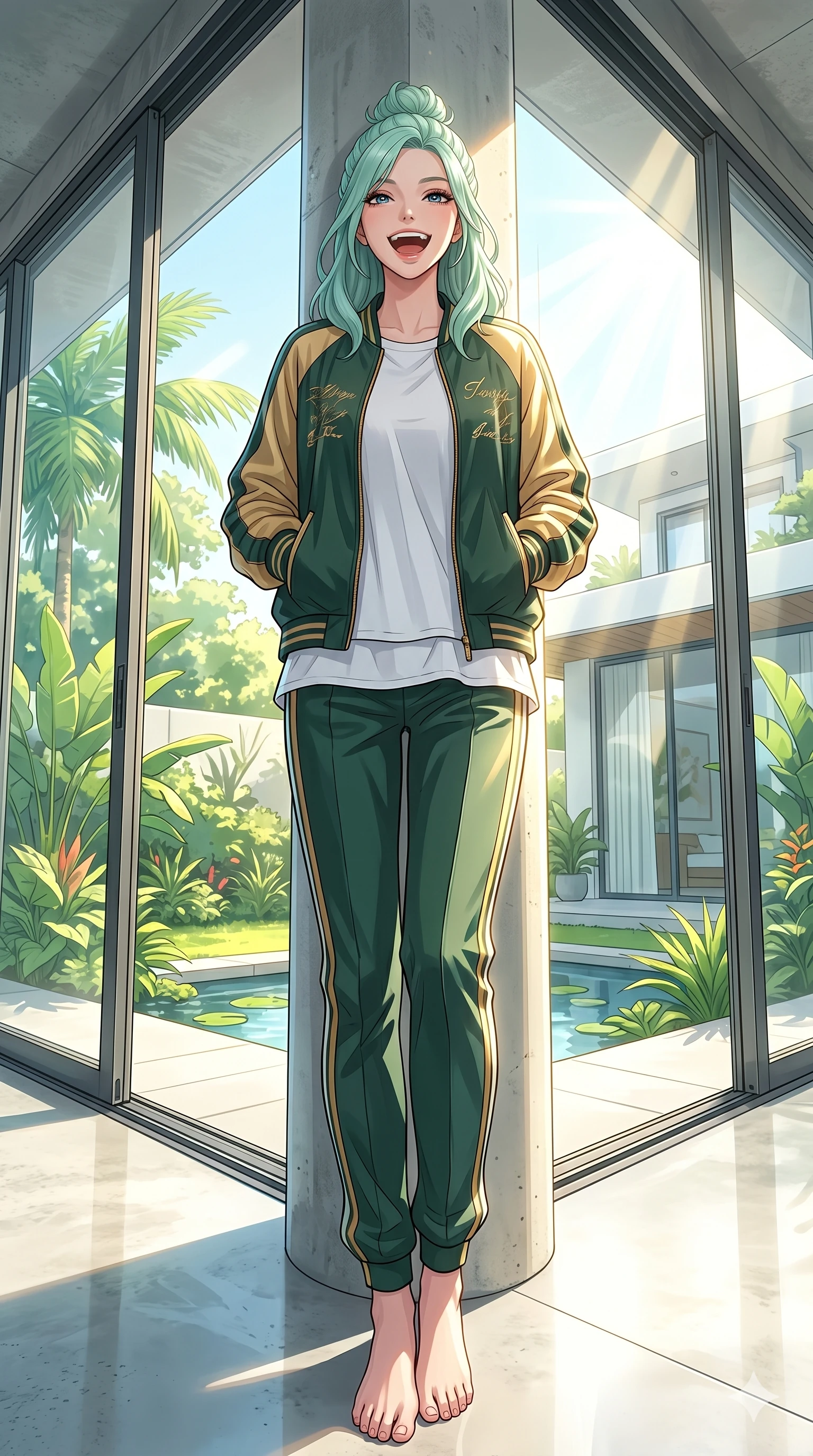 score_9, masterpiece, best quality, ultra-detailed, high-budget anime keyframe, vibrant anime aesthetic, Japanese woman. low angle full-body shot from head to toe showing her feet, filling the entire 9:16 vertical frame with her statuesque presence, stretching her vertical silhouette. She is leaning back with a cheerful laugh, looking directly into the camera lens inside a modern architectural villa with large sliding glass walls showing a sunlit garden (Code-P20-029). She has an absolutely perfect 8-heads proportion, an exceptionally tall and slender female figure with impossibly long slender legs and an ultra-slim waist. V-shaped jawline, high-bridge nose, intricate jewel-like eyes with depth, thick eyelashes, glossy lips with a natural sheen. wearing a designer bomber jacket over a cotton shirt and track pants. She is bathed in brilliant midday sunbeams, casting sharp highlights that outline her slim waist. 2k, ultra detail, master piece, 9:16 ratio