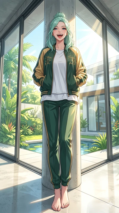 score_9, masterpiece, best quality, ultra-detailed, high-budget anime keyframe, vibrant anime aesthetic, Japanese woman. low angle full-body shot from head to toe showing her feet, filling the entire 9:16 vertical frame with her statuesque presence, 